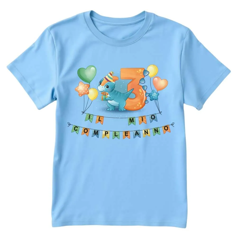 T-shirt Compleanno Dinosauro 3 Anni - Celeste