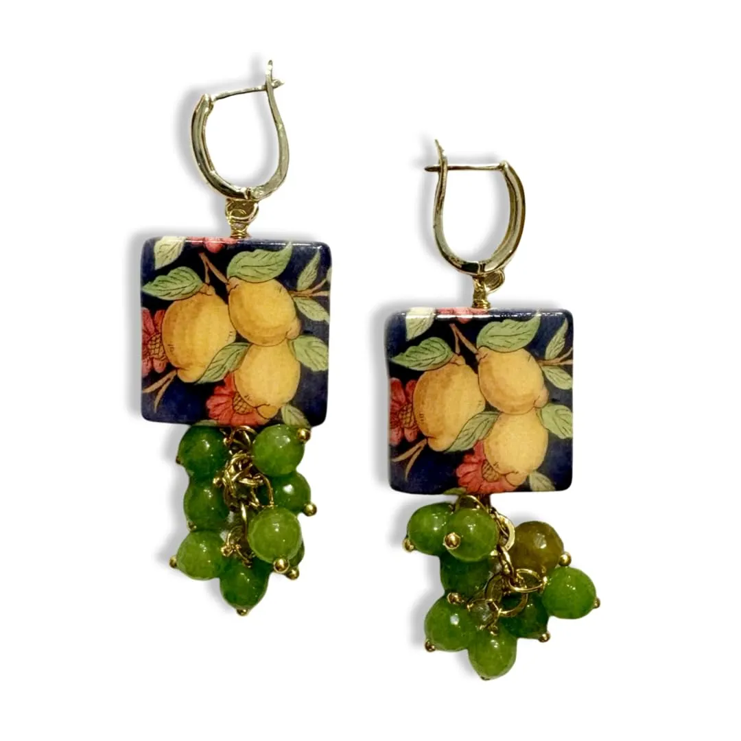 Orecchini Limoni in Ceramica e Pietre Dure Verdi Artigianali