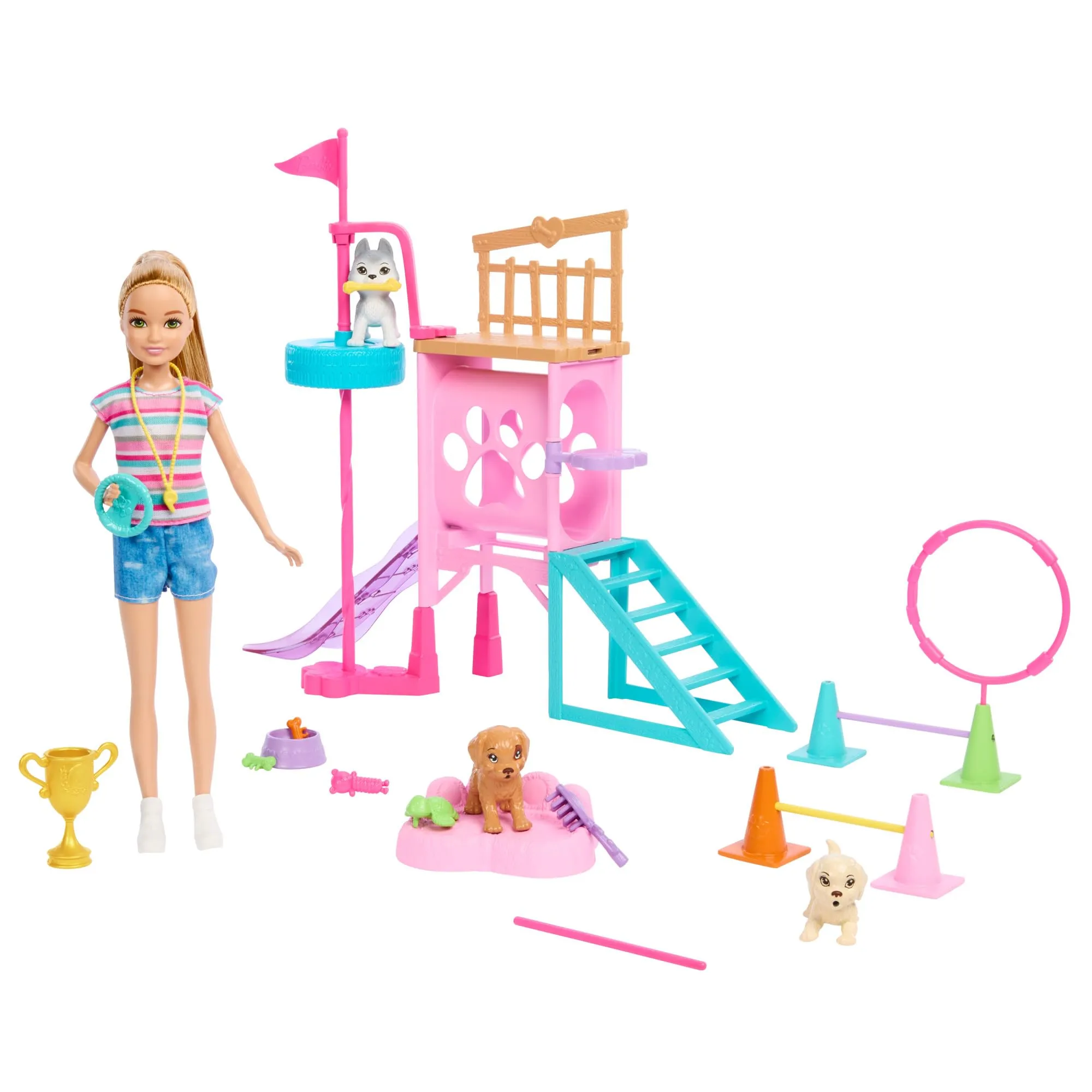 Barbie - Percorso a ostacoli per Cuccioli, Playset con Stacie e 3 Cuccioli