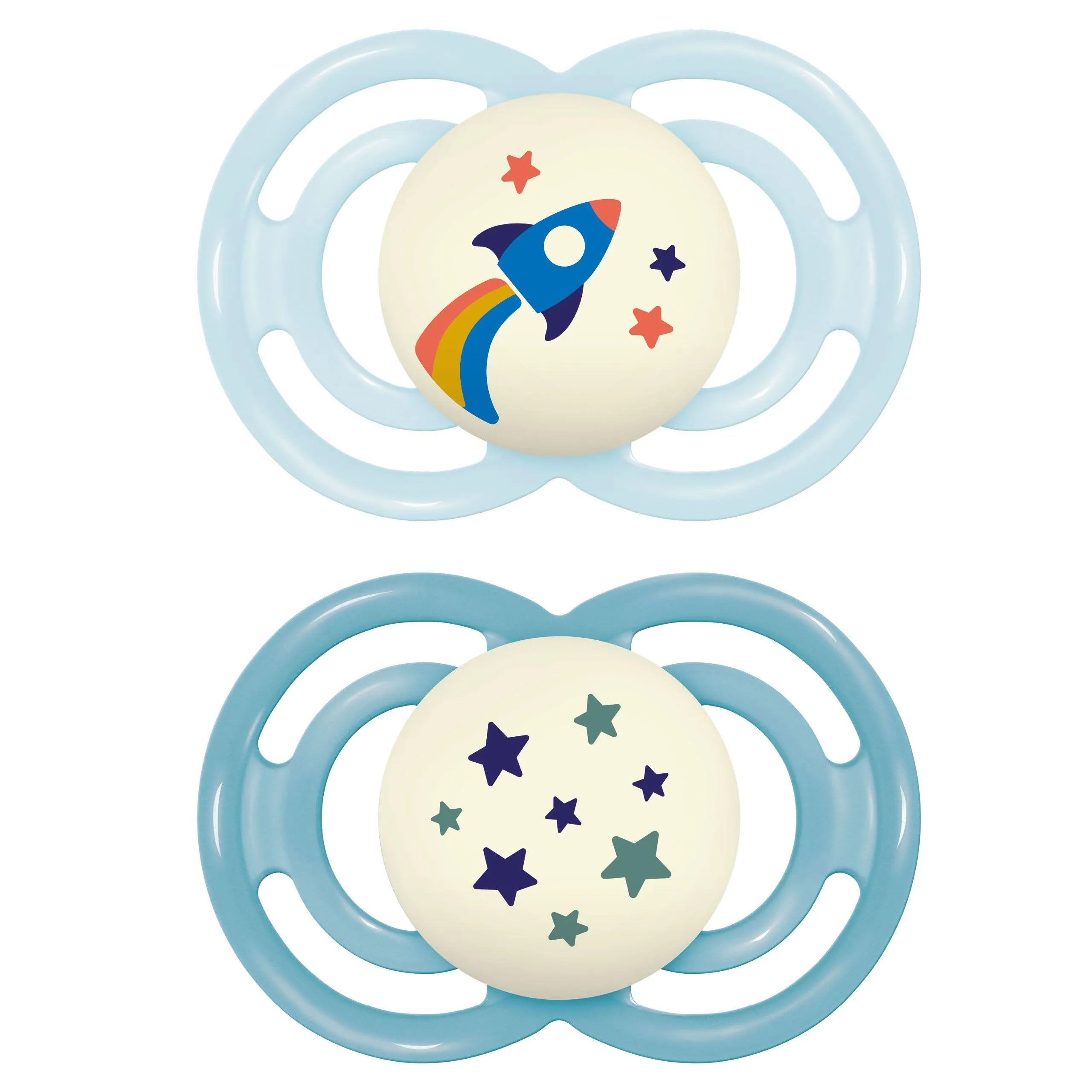 MAM Perfect Night Confezione Doppia Succhietto 16+ Mesi (Set da 2), Ciuccio MAM 16 36 mesi silicone che si illumina al buio, Kit da 2 accessori neonato per lo sviluppo orale con porta ciuccio, Azzurro