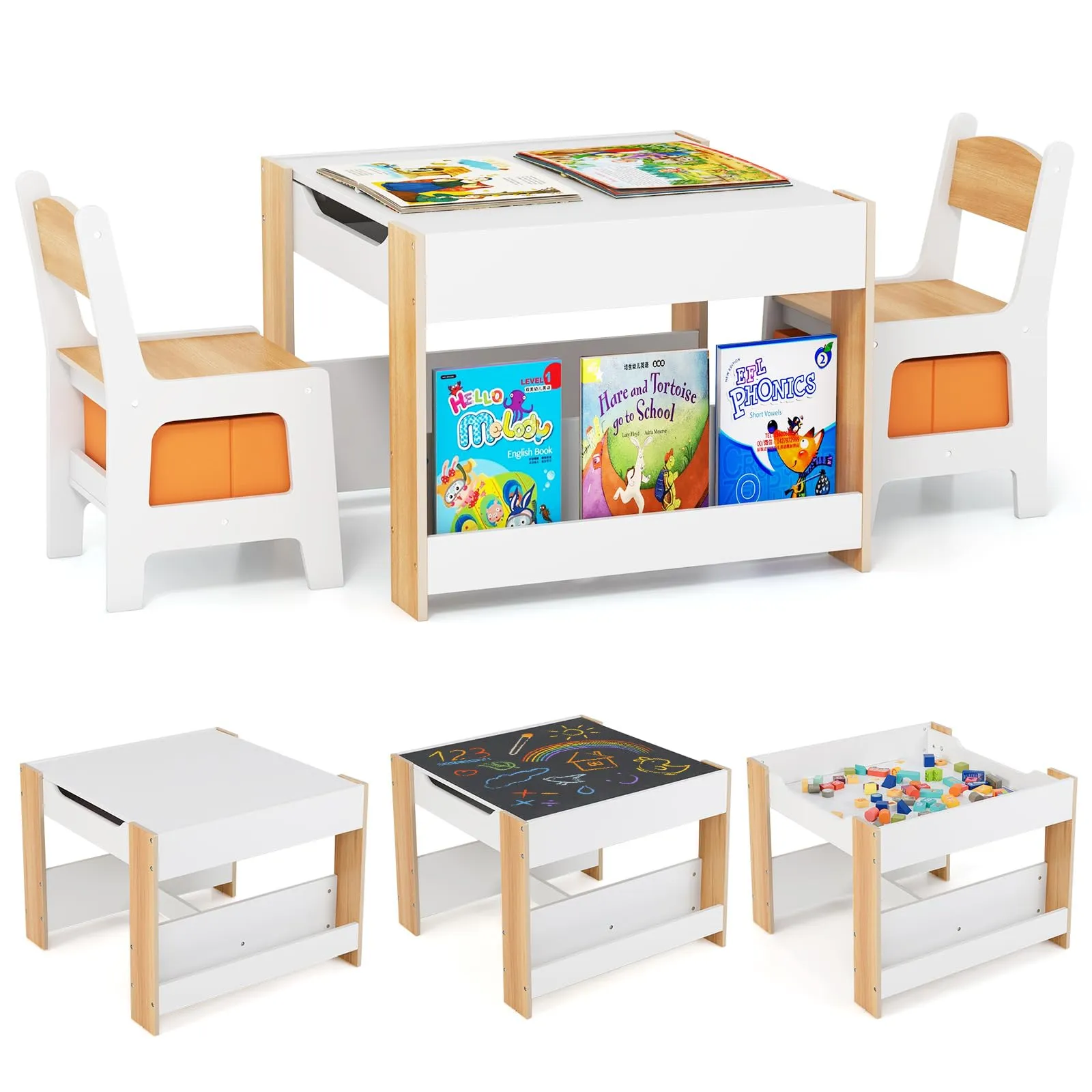 COSTWAY Set Tavolino Bambini con 2 Sedie 4 in 1 Naturale