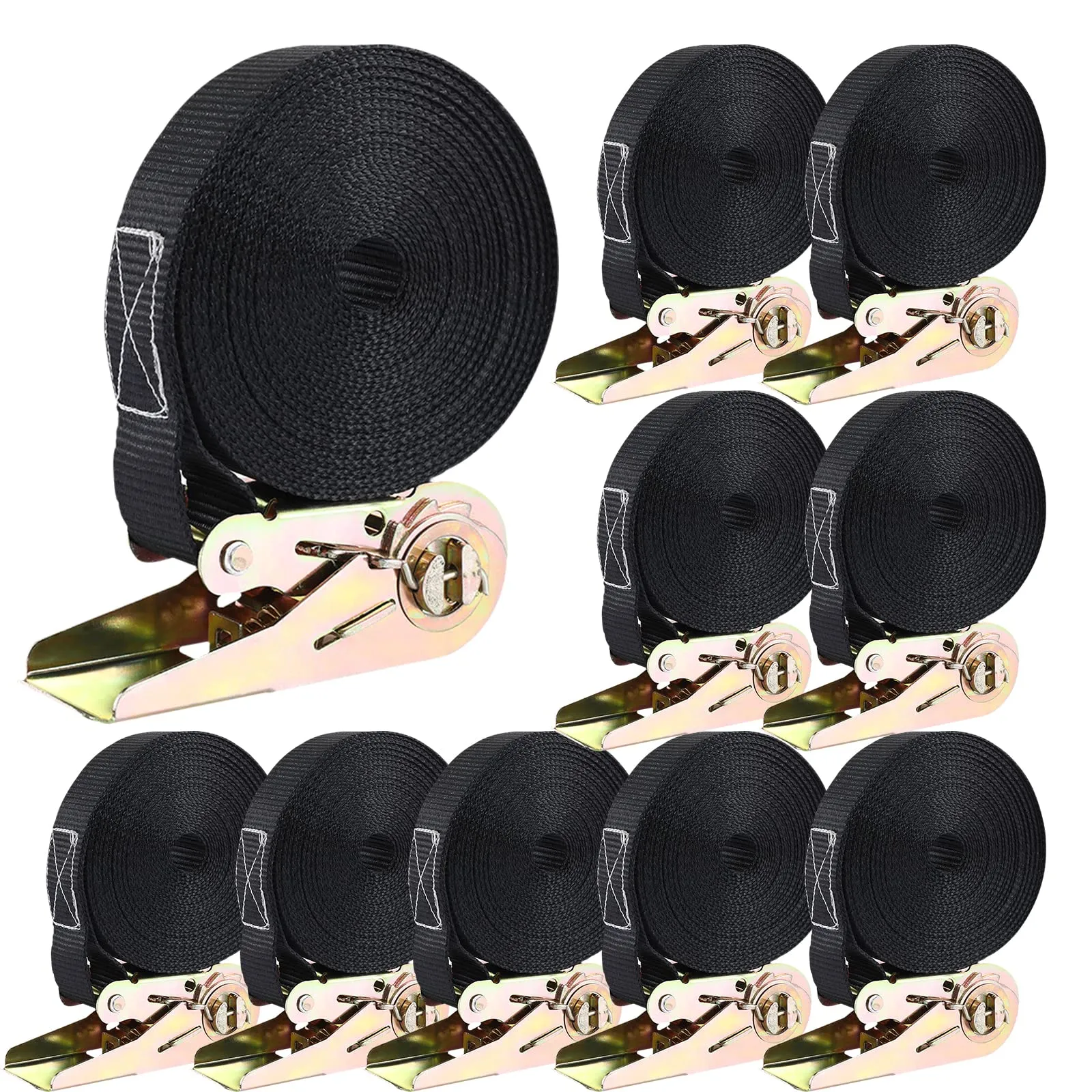 Set di 10 Cinghie di Tensione da 800kg con Cricchetto (6m x 25mm) - Nero