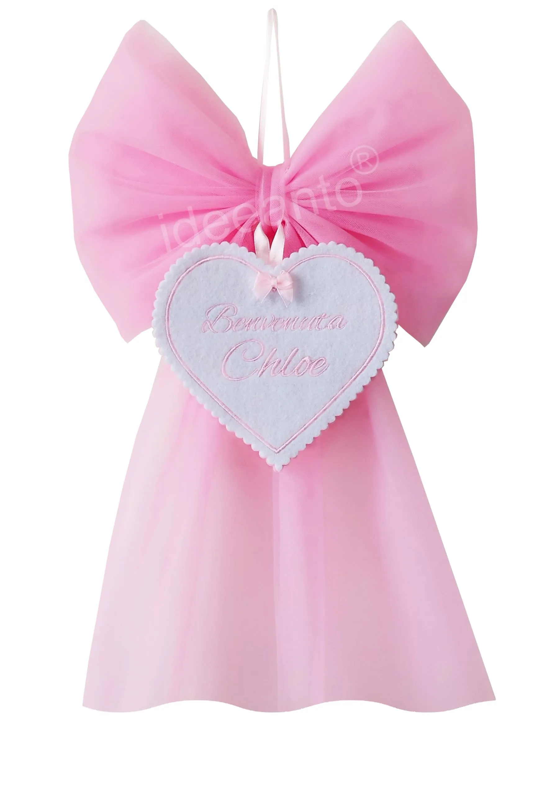 Fiocco Nascita Personalizzato Ricamato in Tulle Rosa e Azzurro