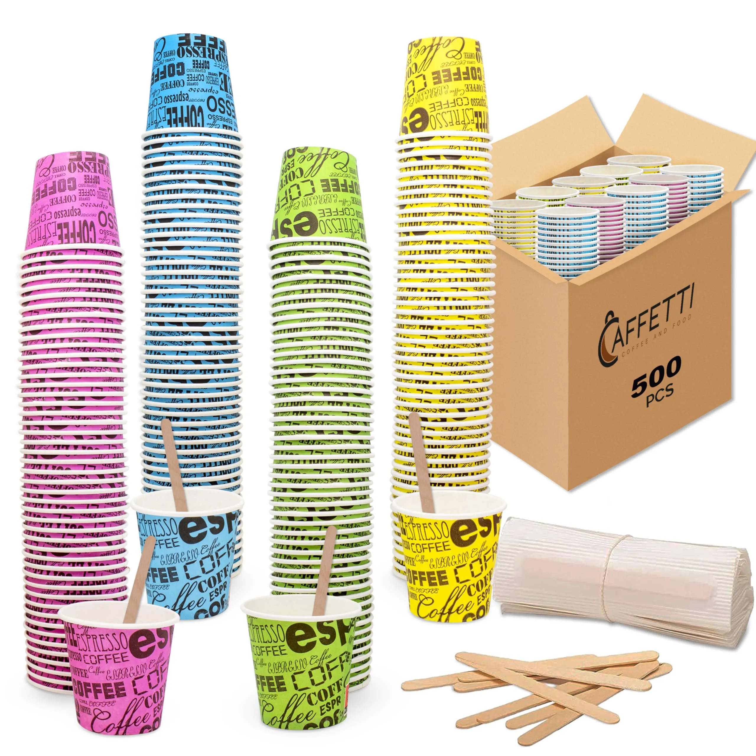 Caffetti Set: 500 Bicchierini e 500 Palette per Caffè