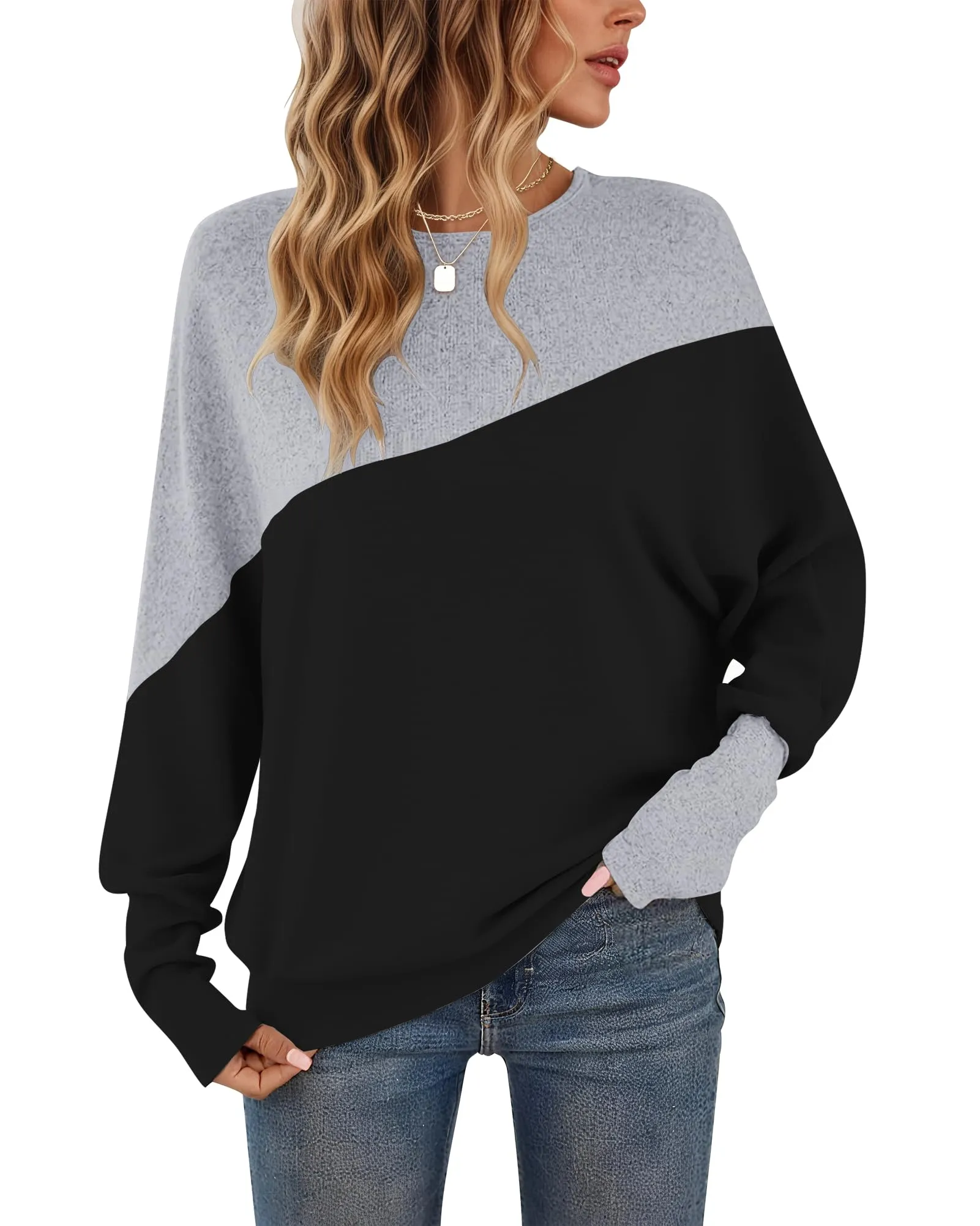 WNEEDU Maglietta a Maniche Lunghe da Donna Girocollo Patchwork Felpa Colorata