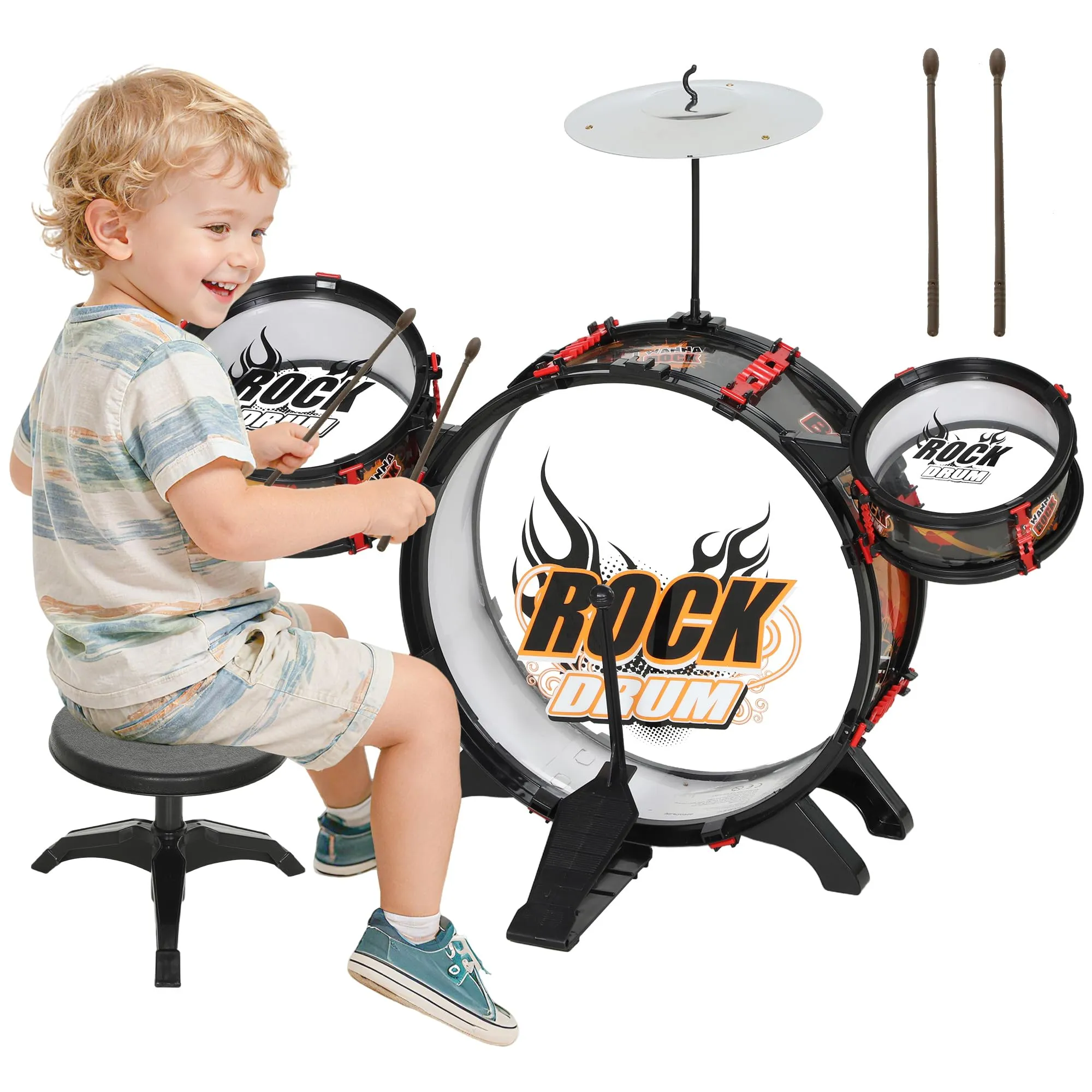 AIYAPLAY Set Batteria Giocattolo per Bambini Nera con Sgabello