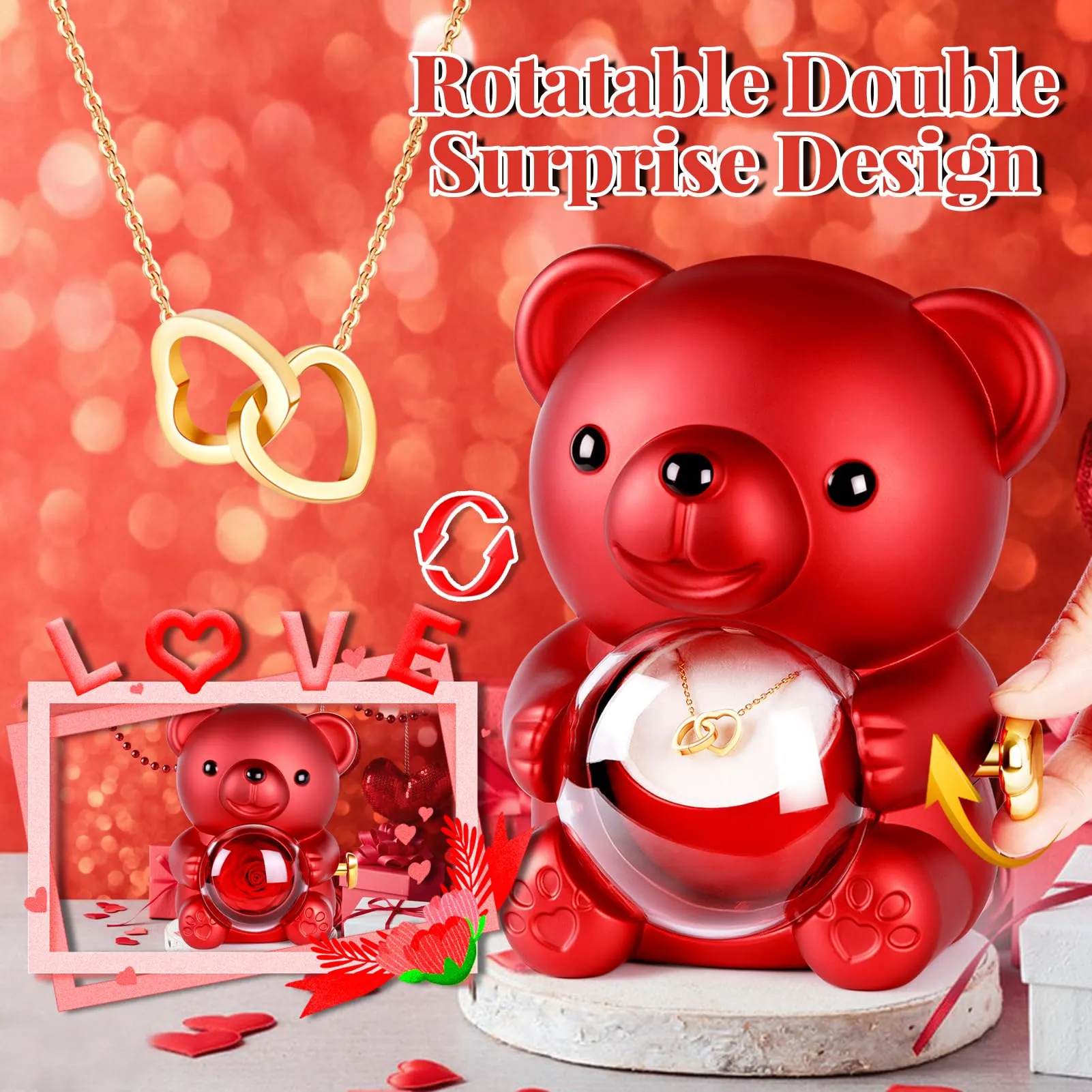 Regalo Donna San Valentino Con Orso Rosa E Rosa Eterna – Set Regalo Completo In Scatola Con Peluche, Rosa In Teca E Biglietto D'Auguri - 3