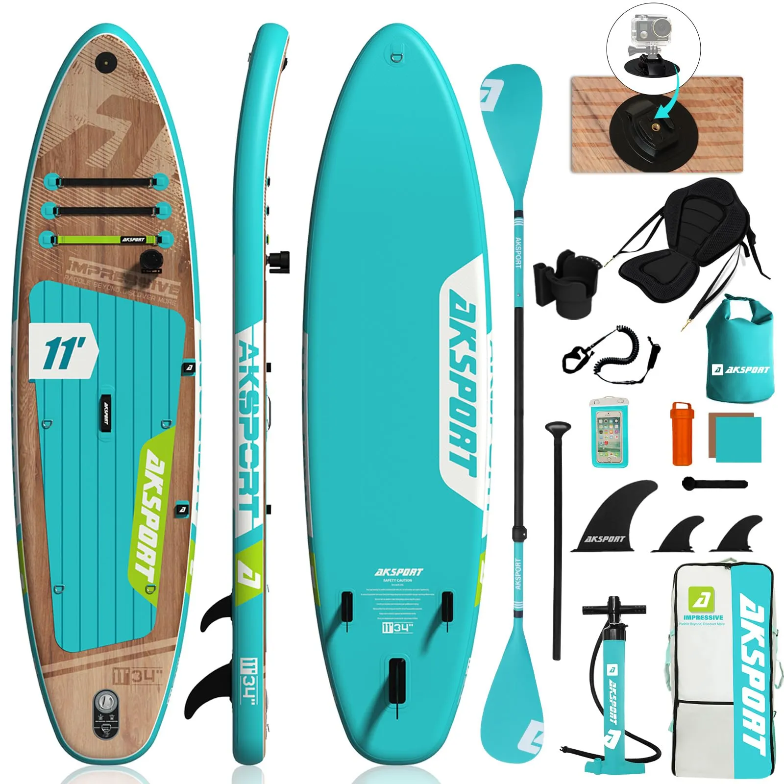 AKSPORT Tavola da Paddle Gonfiabile 11' x 34'' x 6'' SUP/Kayak 2-in-1