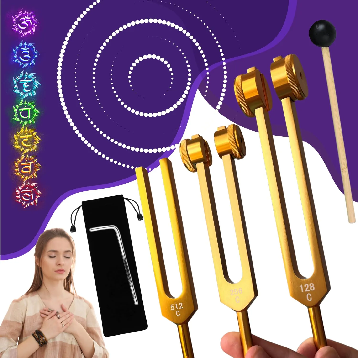 Set di 3 Diapason Medici Professionali (128 Hz, 256 Hz, 512 Hz) con Martello e Custodia