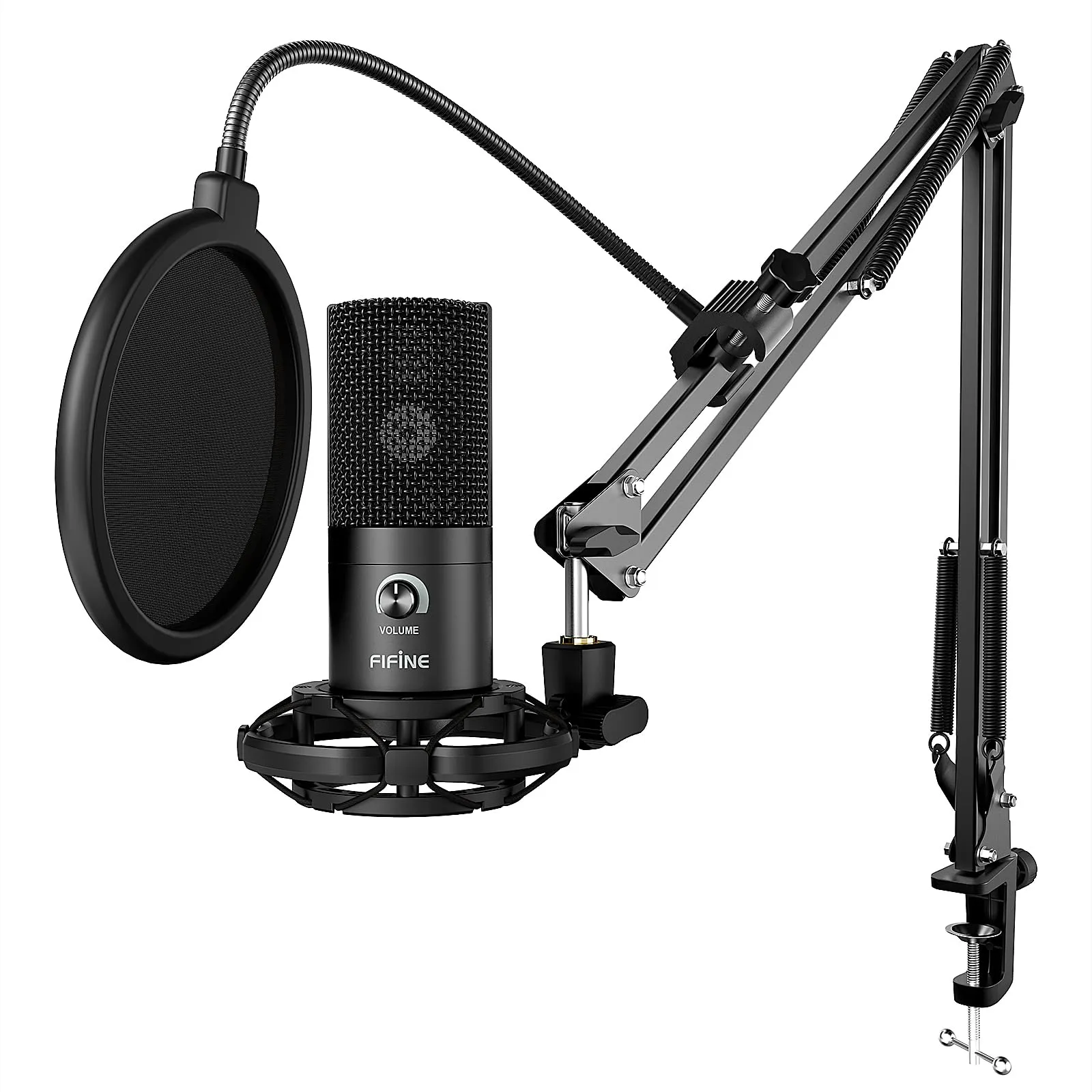 FIFINE Microfono a Condensatore USB per Studio con Braccio Regolabile e Filtro Anti-pop