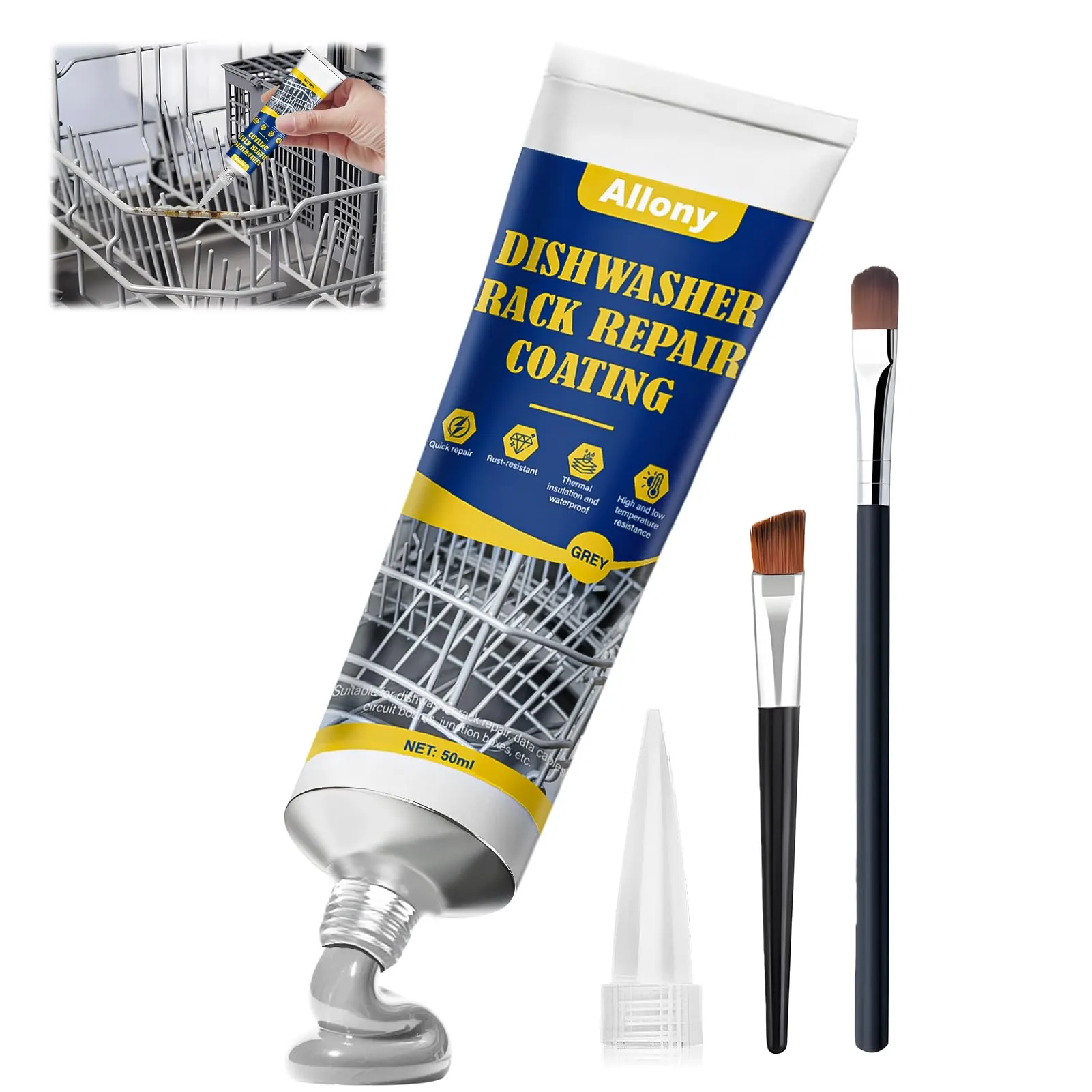 ALLONY Rivestimento Riparazione Cestello Lavastoviglie, Gomma Liquida Antiruggine Grigia, 50ml