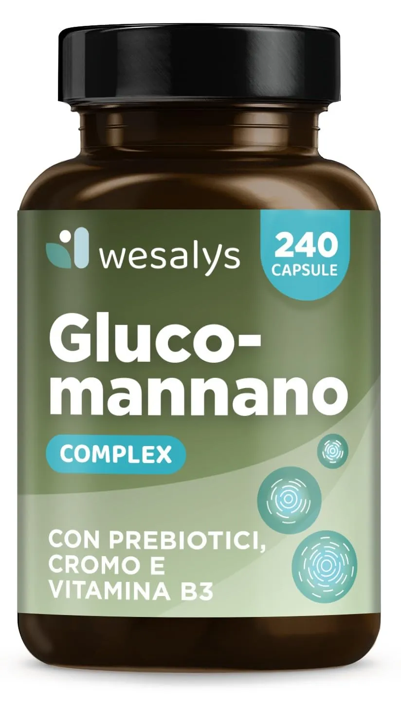 Glucomannano Forte 4.200 mg per Dose Giornaliera, 240 Capsule, Made in Italy, Arricchito con Cromo, Vitamina B3 e Prebiotici; Fibra Saziante Vegetale, Integratore Ad Alto Dosaggio, Wesalys