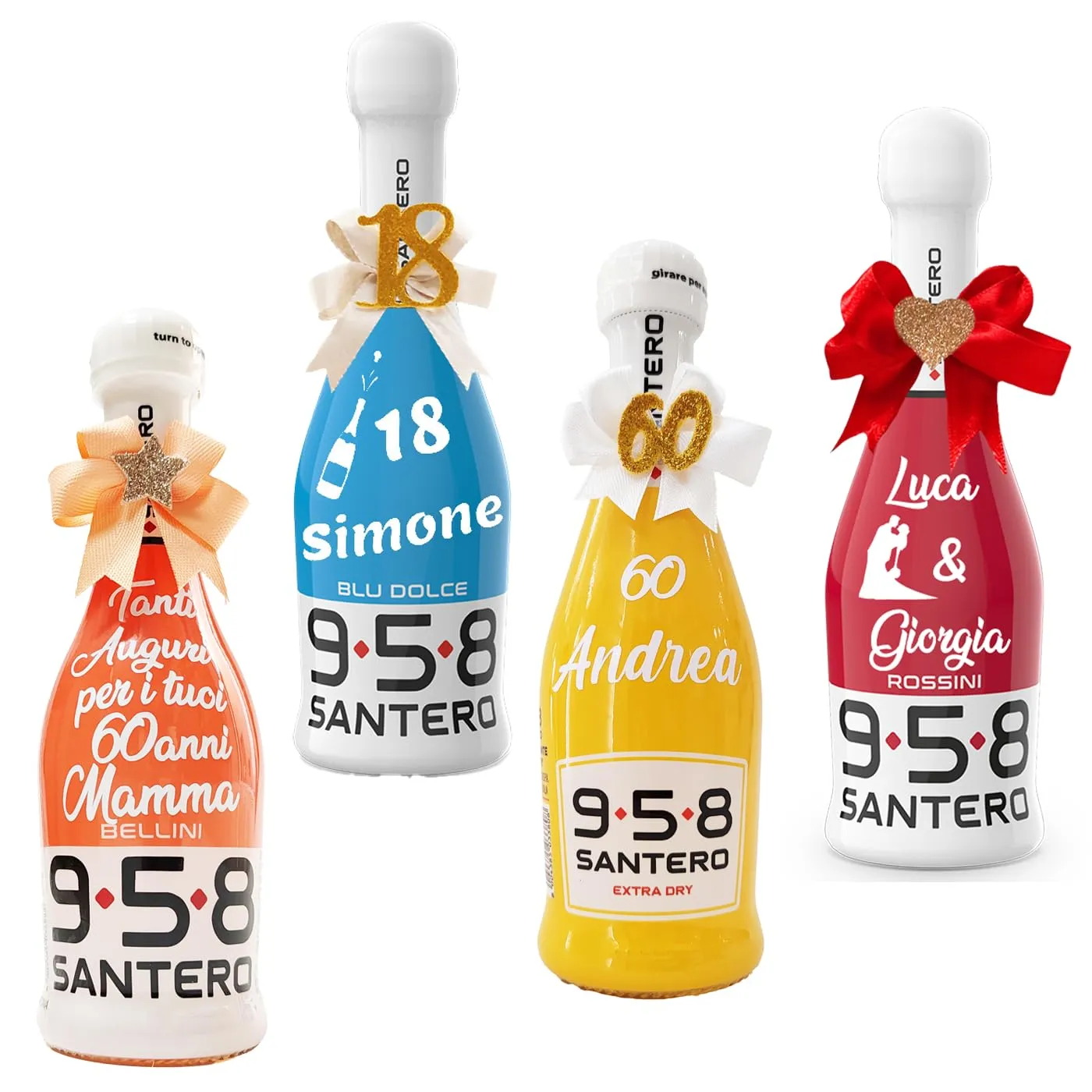 KIT 12 Bottiglie Spumante SANTERO BABY MINI Personalizzate con Scritta, Emoticon e Fiocco