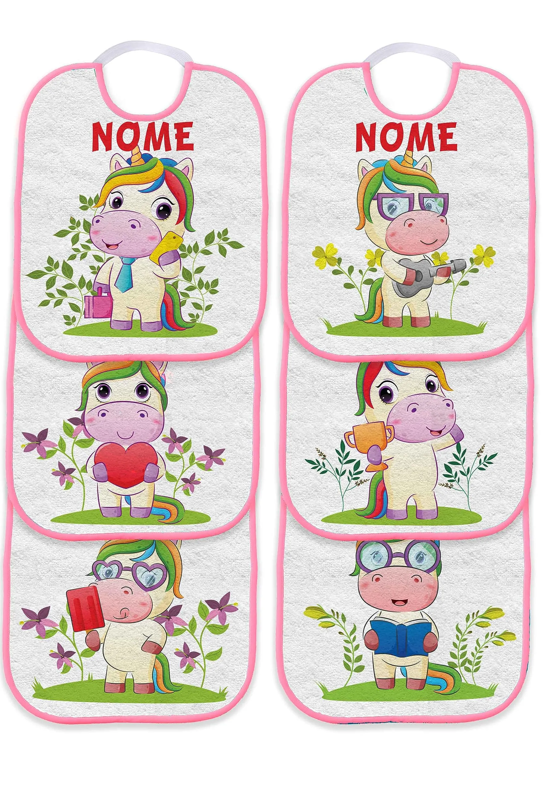 Set Asilo 6 Bavette Bavaglino Personalizzato - Unicorni Bordo Rosa