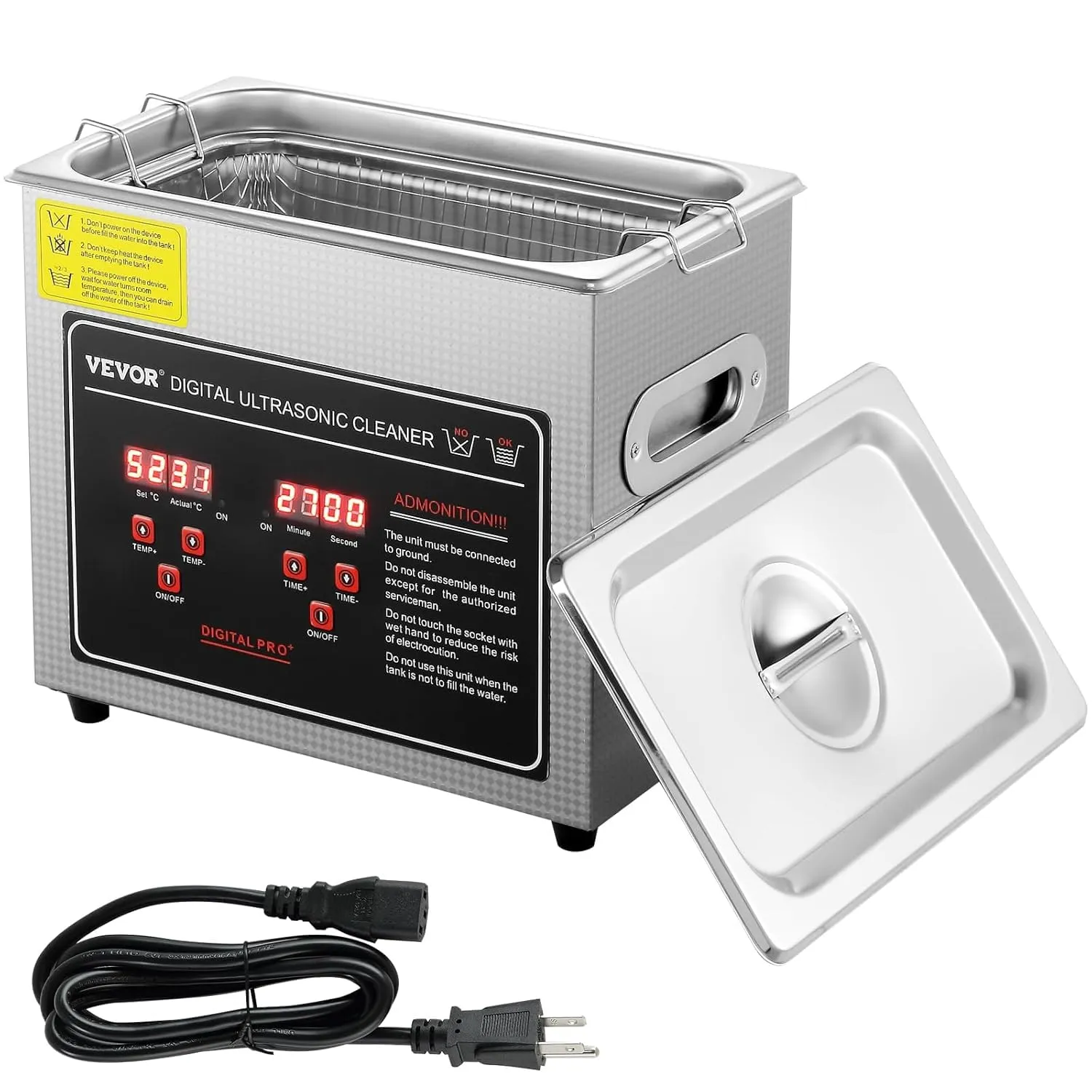 VEVOR Pulitore a Ultrasuoni Digitale in Acciaio Inox 3L