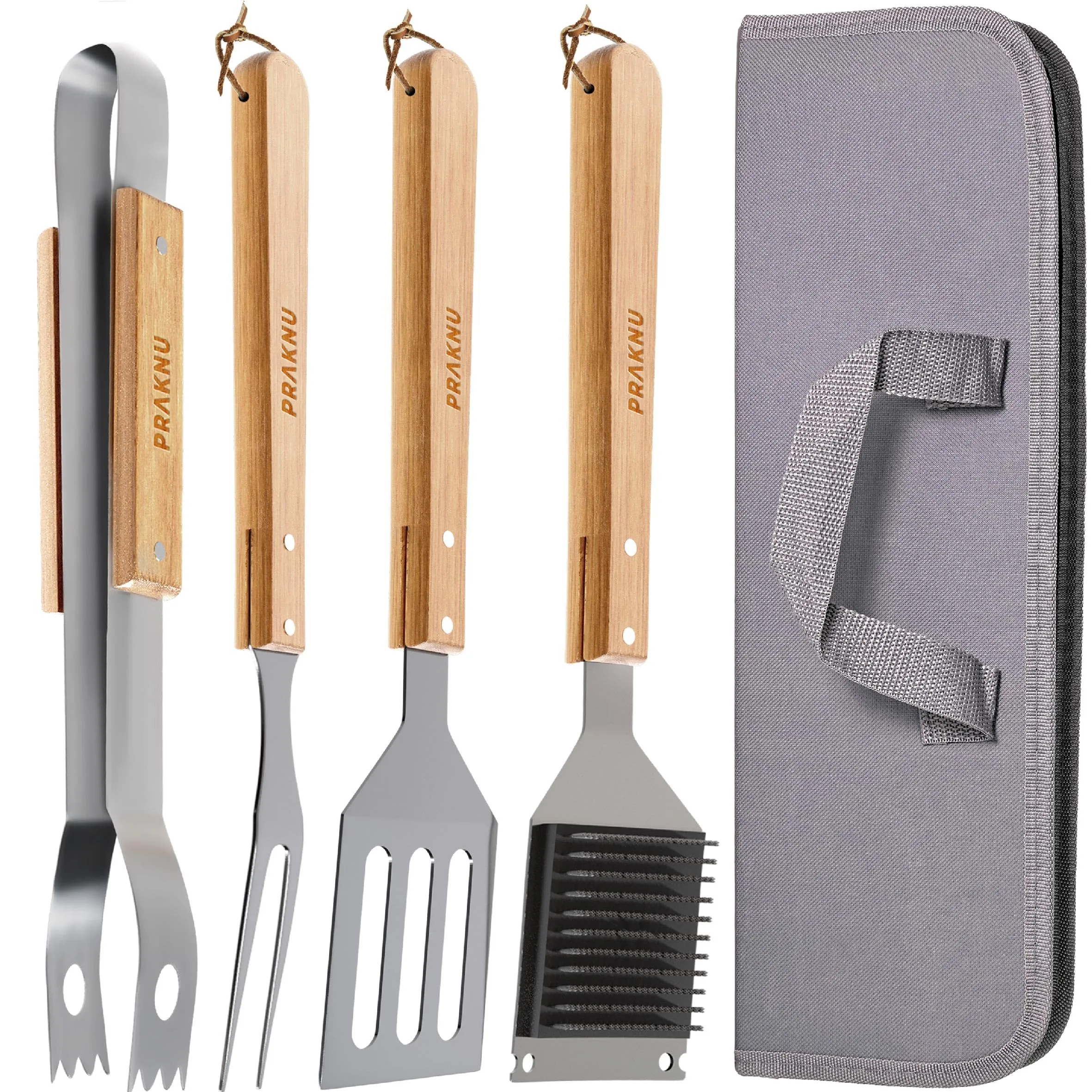 Set di Utensili da Barbecue in Acciaio e Legno - 4 Pezzi con Borsa