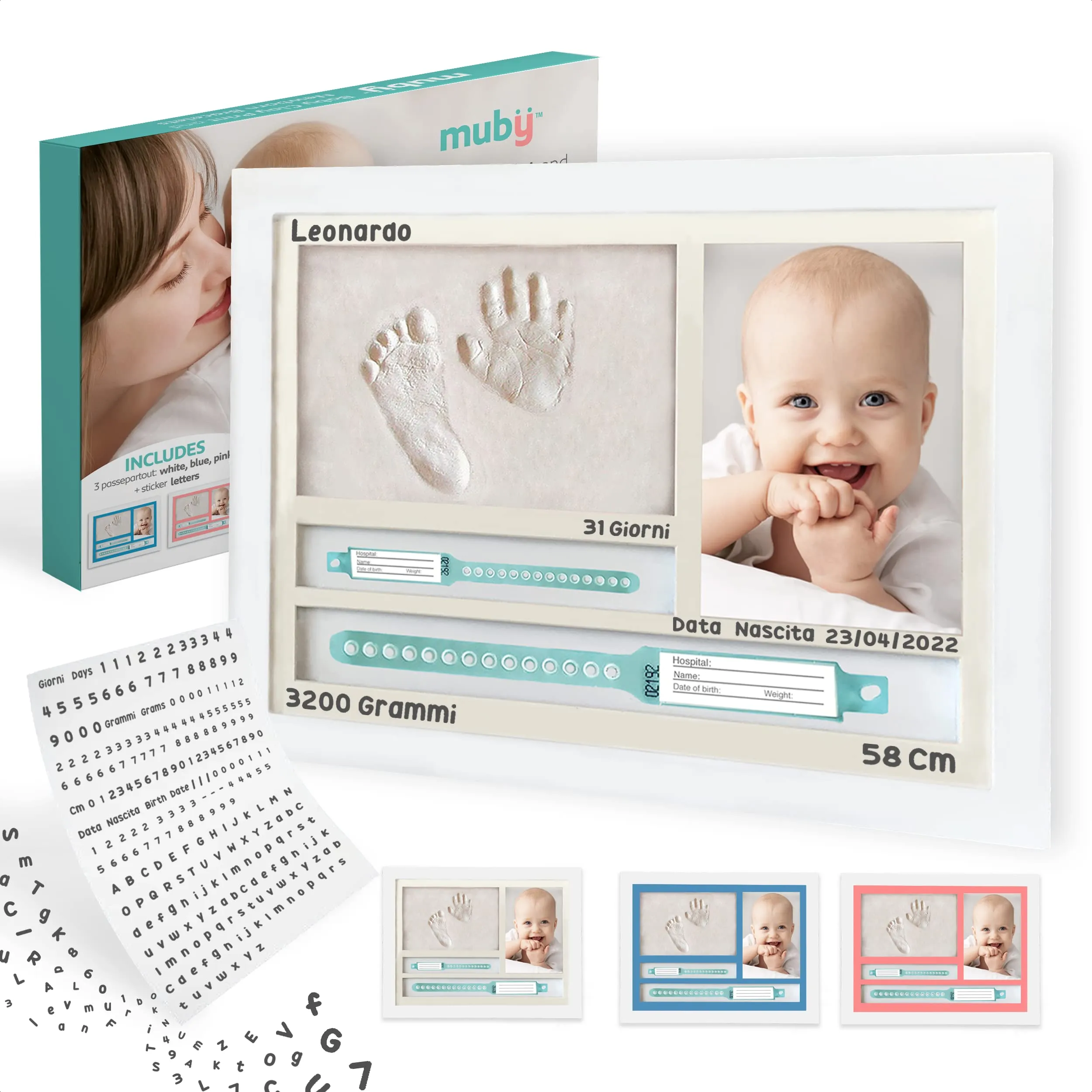 MUBY Impronta mani e piedi neonati - Regalo Neonato, Porta bracciali di nascita. KIt impronte neonato, Regali baby shower, Cornice Personalizzabile + letterine adesive. Lista nascita bebè/battesimo