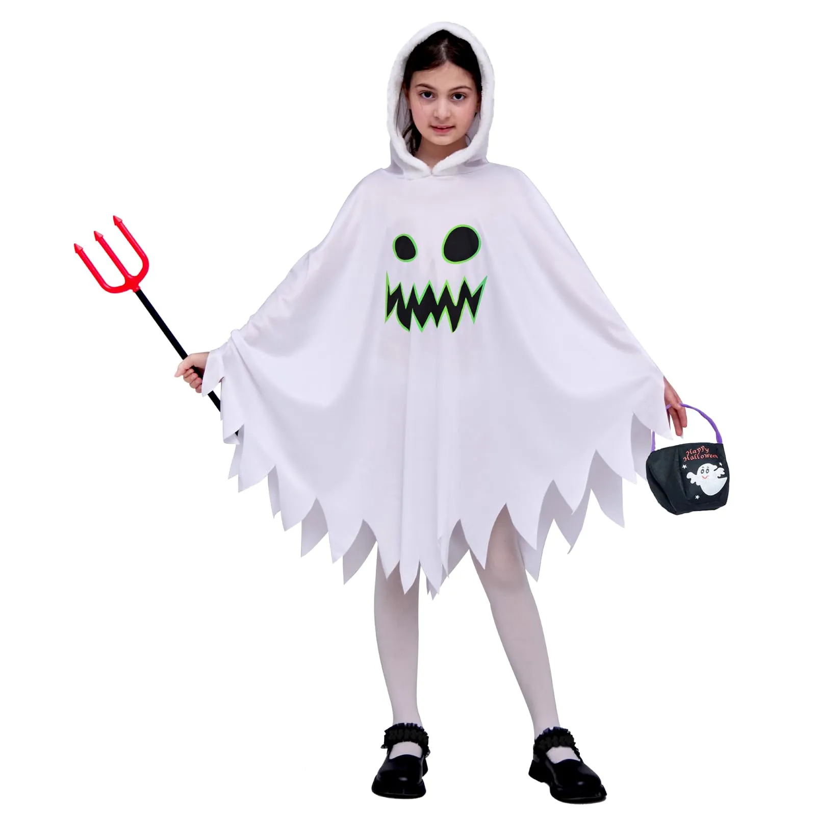 Costume di Halloween da Fantasma Bianco per Bambini con Sacchetto di Zucca Bagliore nel Buio 3-4 anni