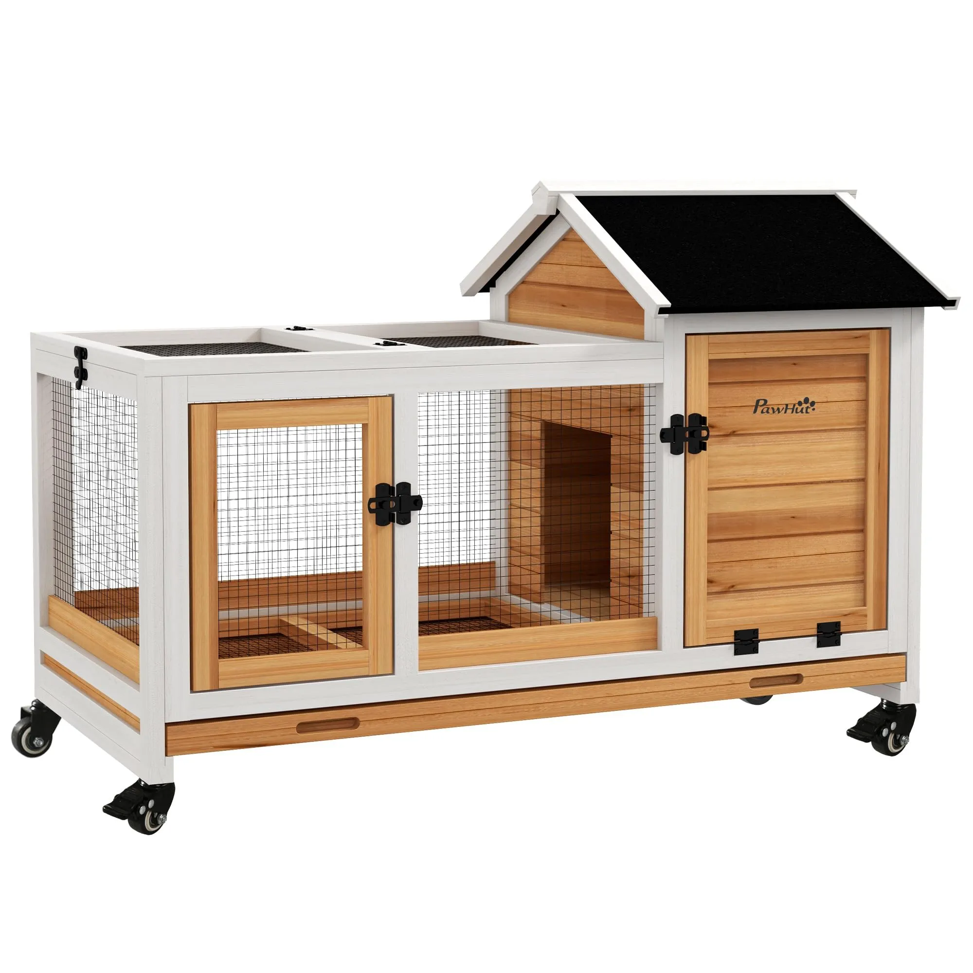 PawHut Conigliera Nana Mobile in Legno con Recinto Esterno