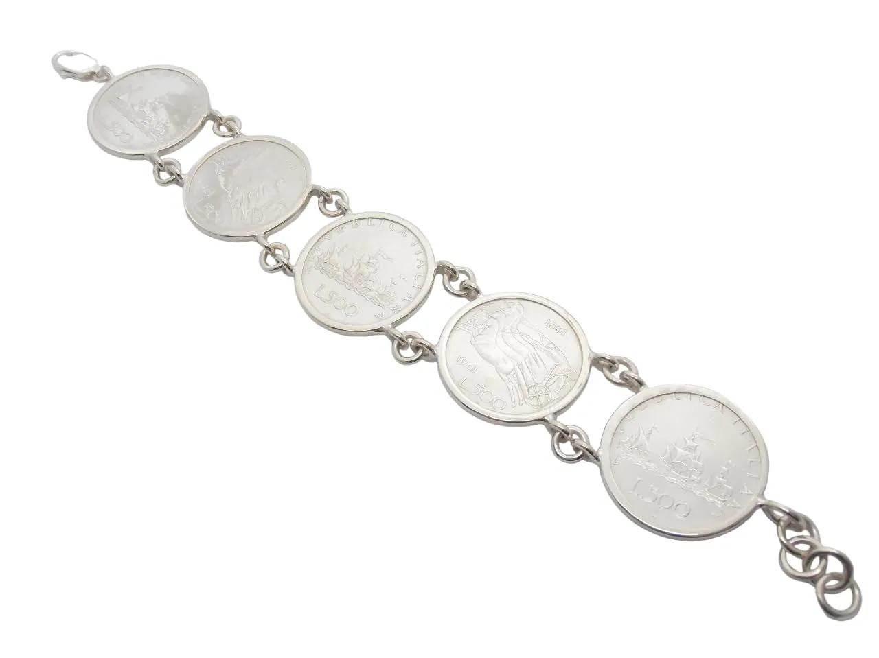 Bracciale in Argento 925 con Monete da 500 lire Italiane Argento Caravelle e Quadriga