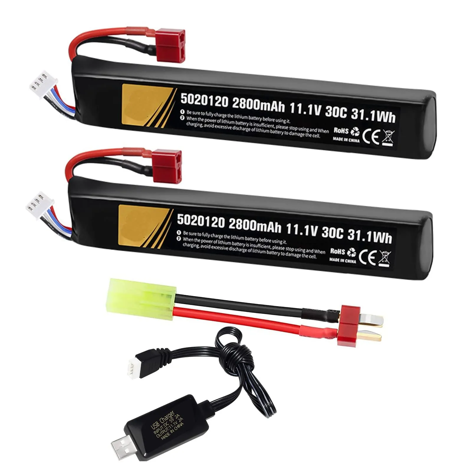 Batteria Lipo Airsoft 11.1V 2800mAh 30C con Deans T Plug e Caricatore USB - Set da 2