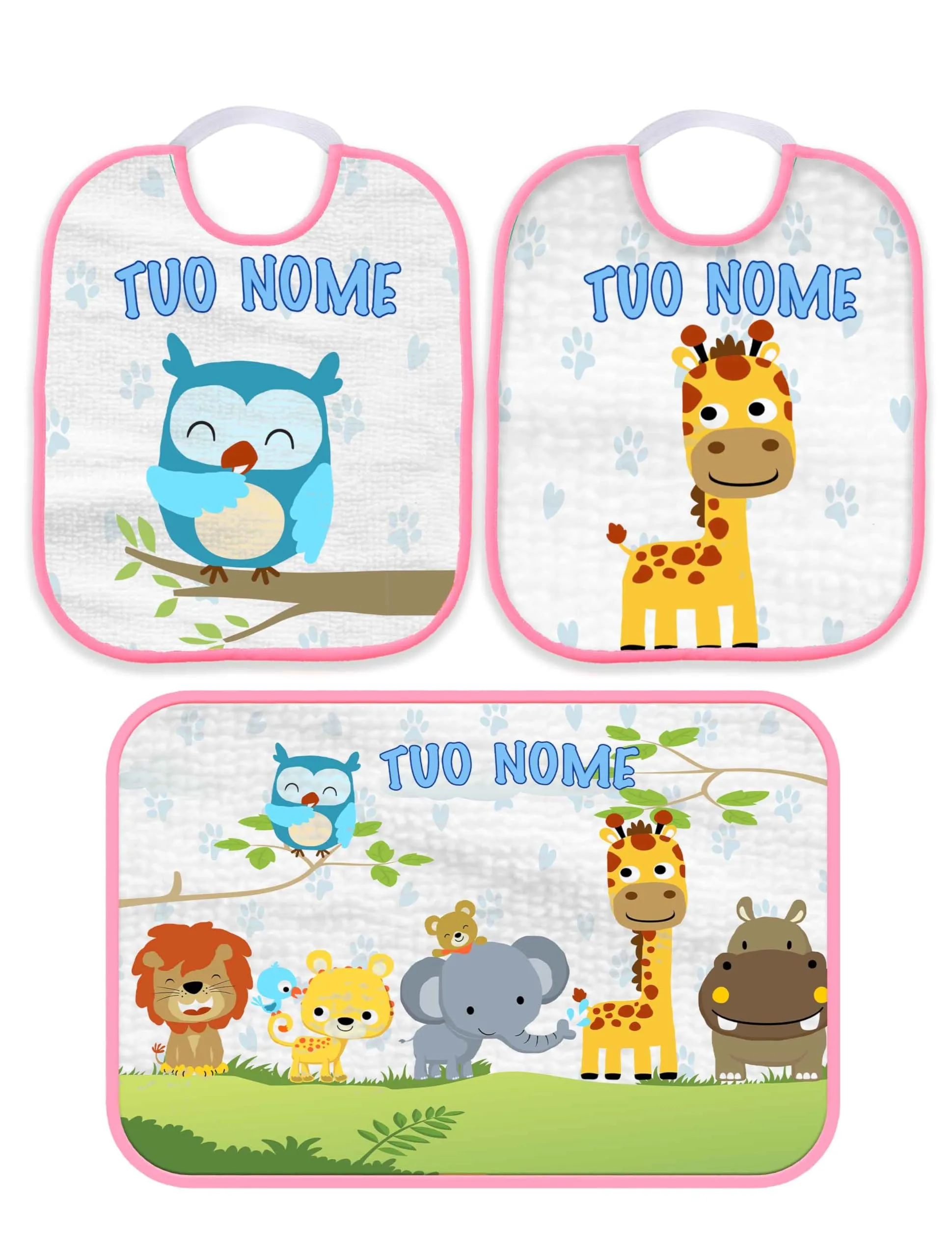 Set Asilo Personalizzato Animali della Foresta Bordo Rosa - Bavaglini e Asciugamano con Nome