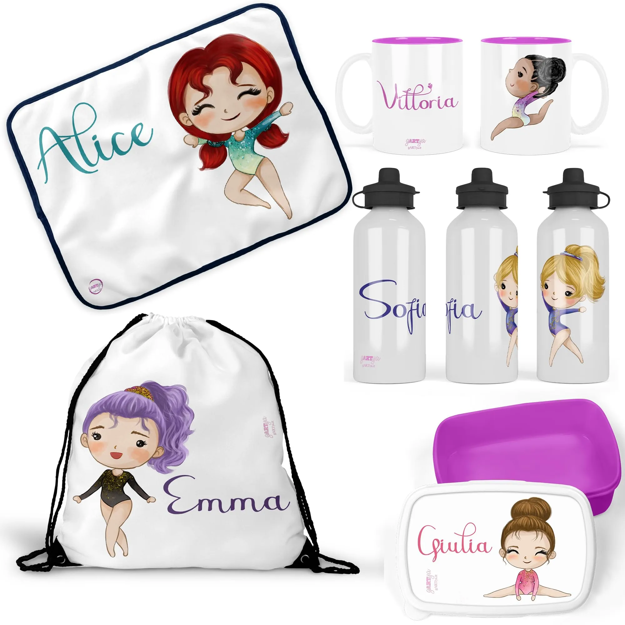 Set Ginnastica Ritmica Personalizzato per Bambina - Borraccia, Portamerenda, Zainetto, Tovaglietta, Tazza