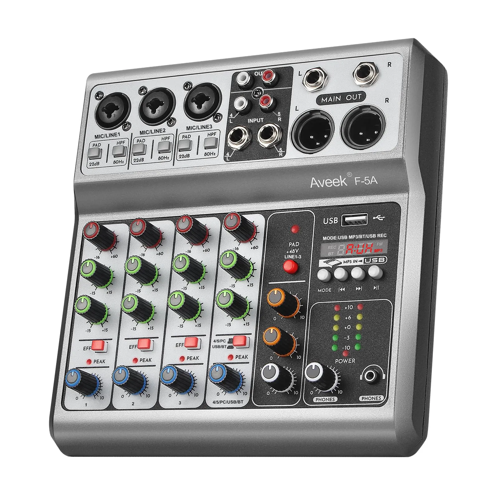 Aveek Audio Mixer: Console di Mixaggio Professionale a 5 Canali con Effetti e Connettività Avanzata