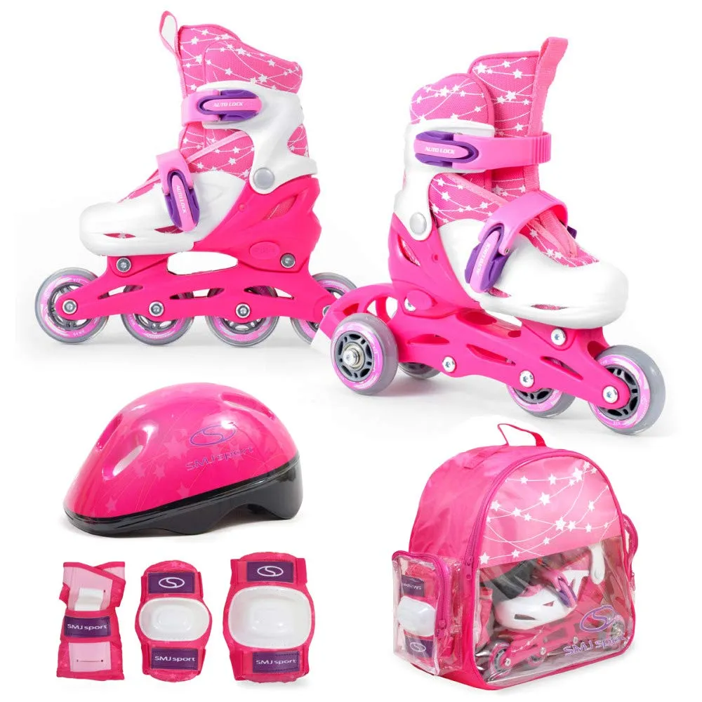 SMJ Set Pattini in Linea Regolabili 2 in 1 con Protezioni, Casco e Custodia - Rosa
