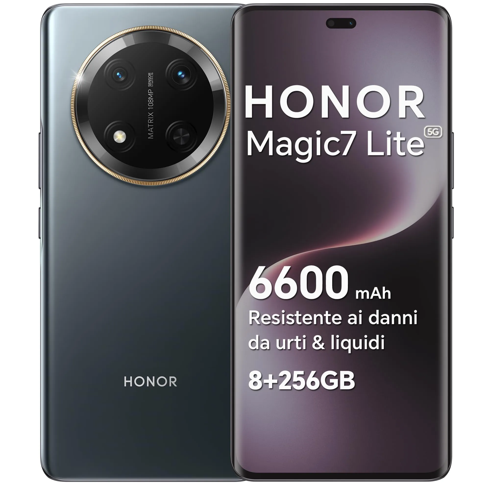 HONOR Magic7 Lite Smartphone 5G Android 14 Dual SIM NFC, 8GB RAM 256GB, 6600 mAh, 6.78 pollici AMOLED Display,Drop/Water/Heat-Resistente,108 MP, esperienza intelligente AI, Titanium Black