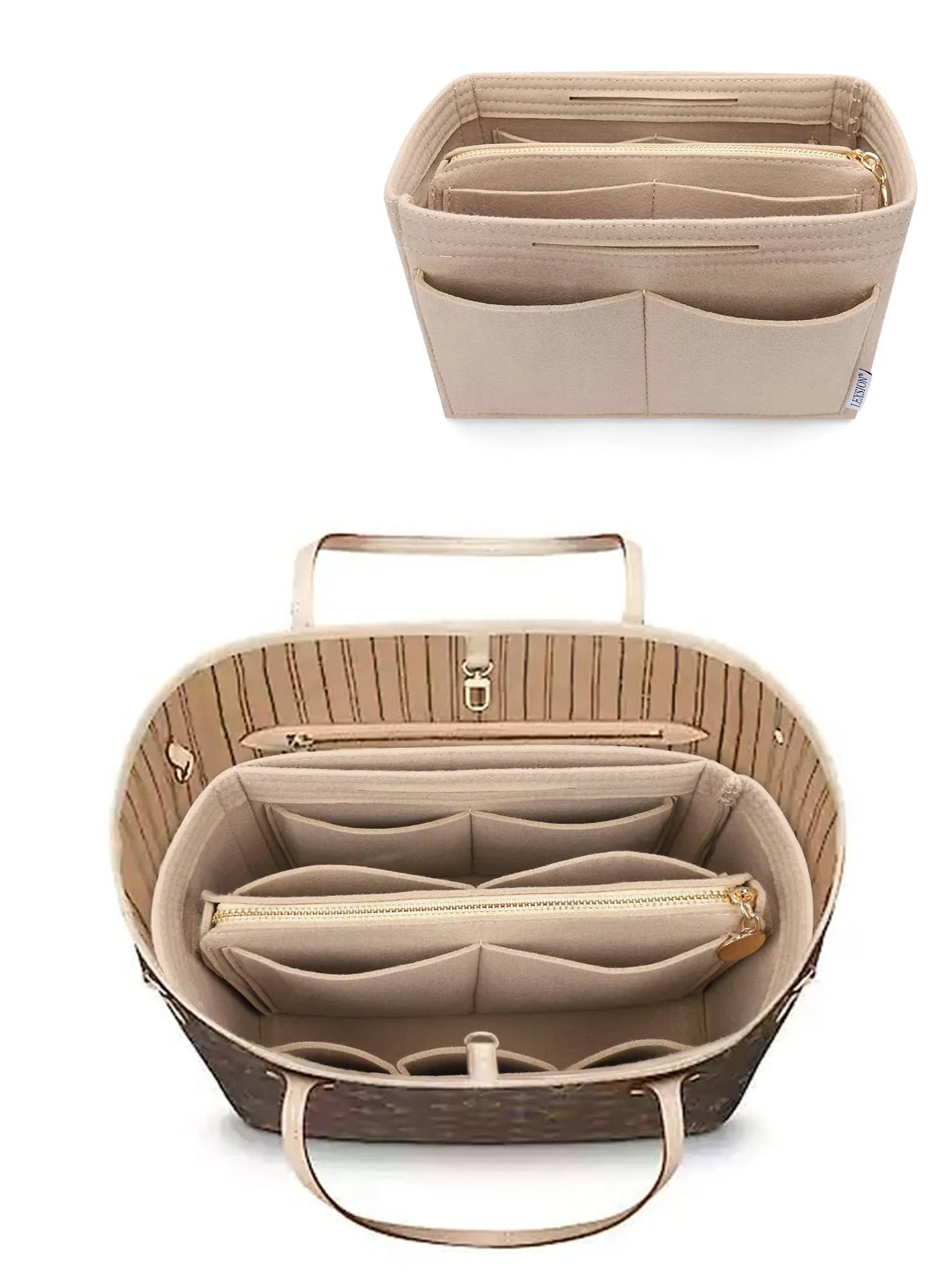 LEXSION Inserto Organizer per Borsa in Feltro con Cerniera - Beige, XL