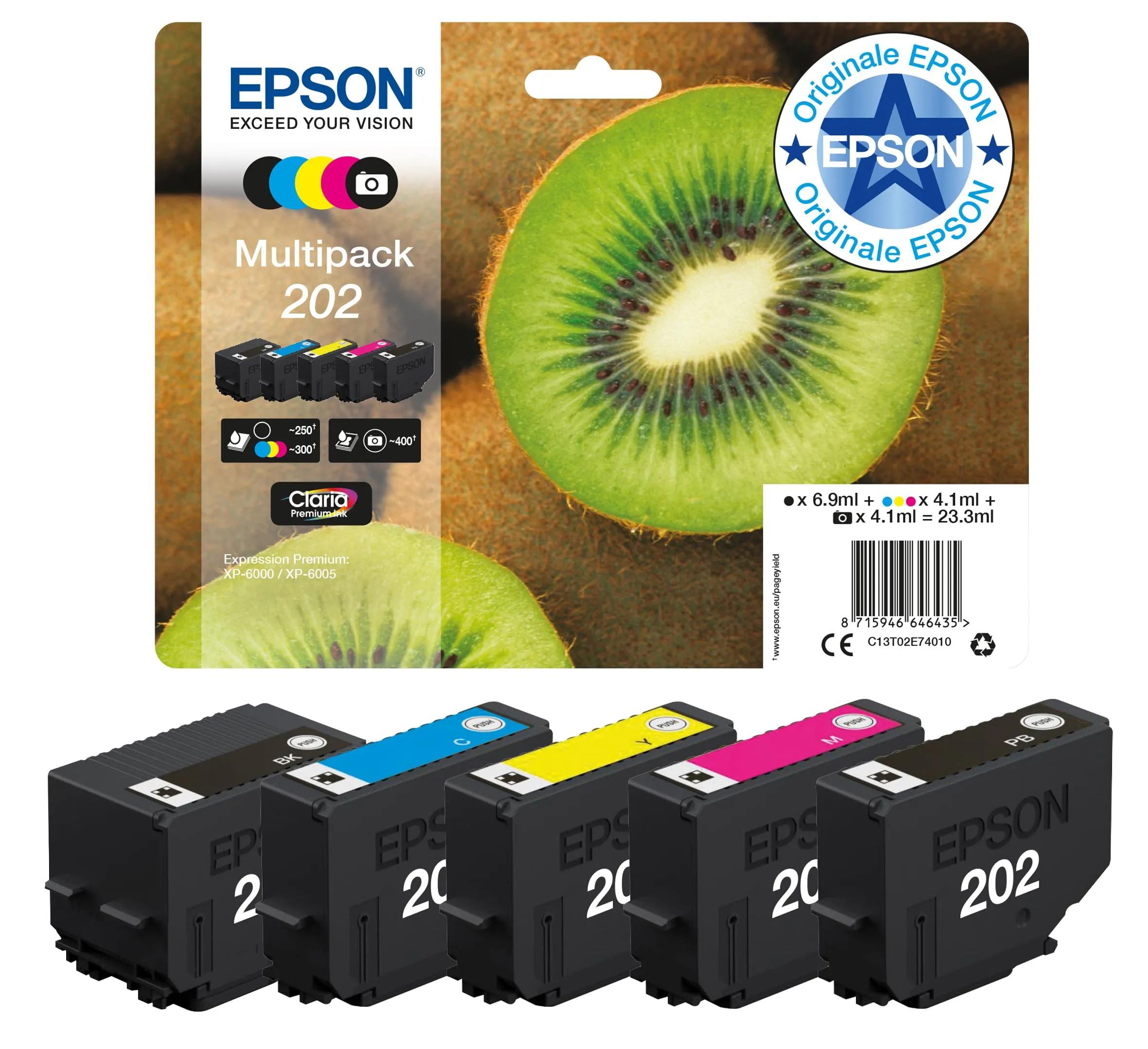 Epson 202 Serie Kiwi, Cartuccia originale getto d'inchiostro Claria Premium, Formato Standard, Multipack 5 Colori