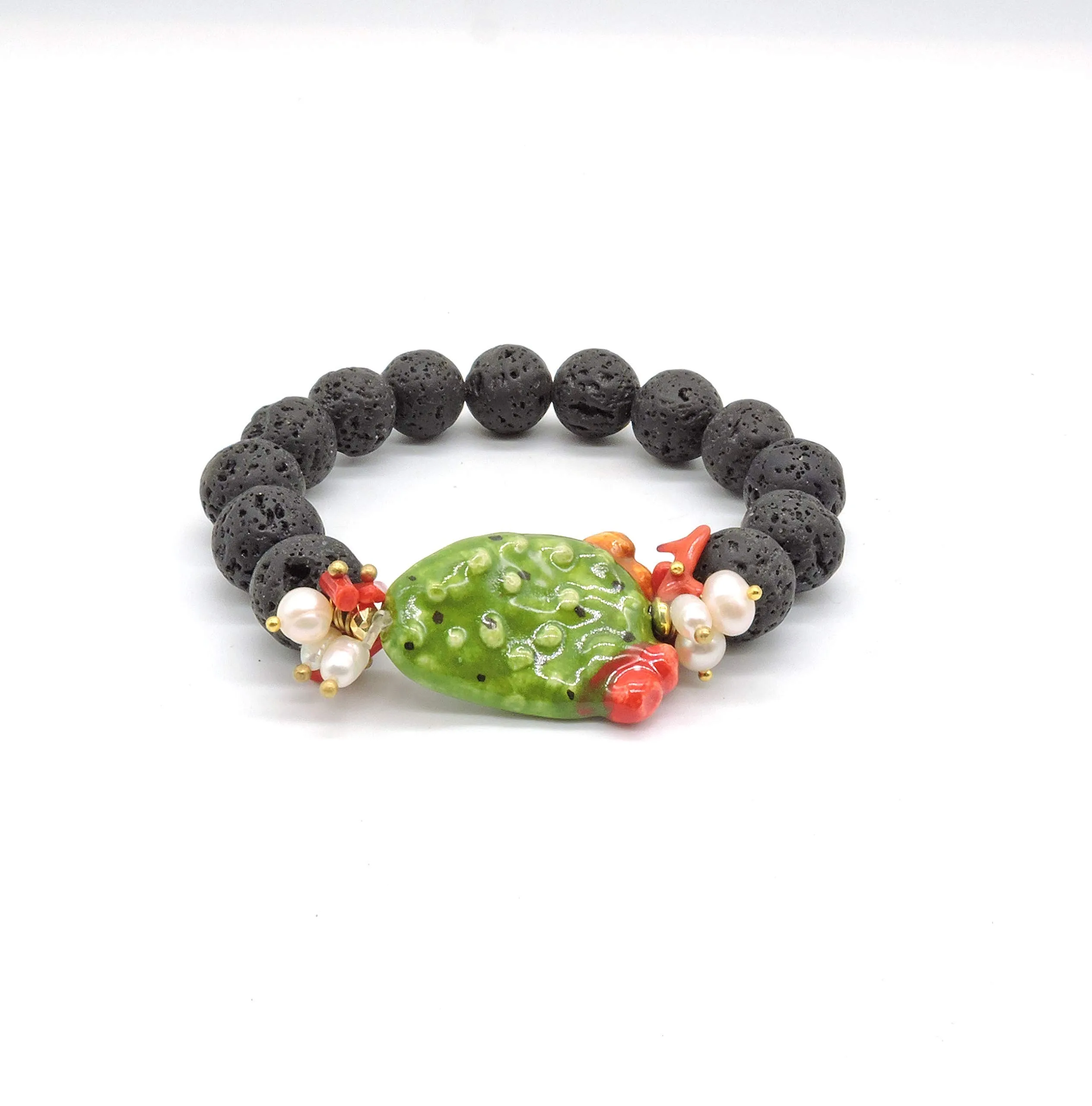 Bracciale Pietra Lavica e Fico d'India in Ceramica Artigianale