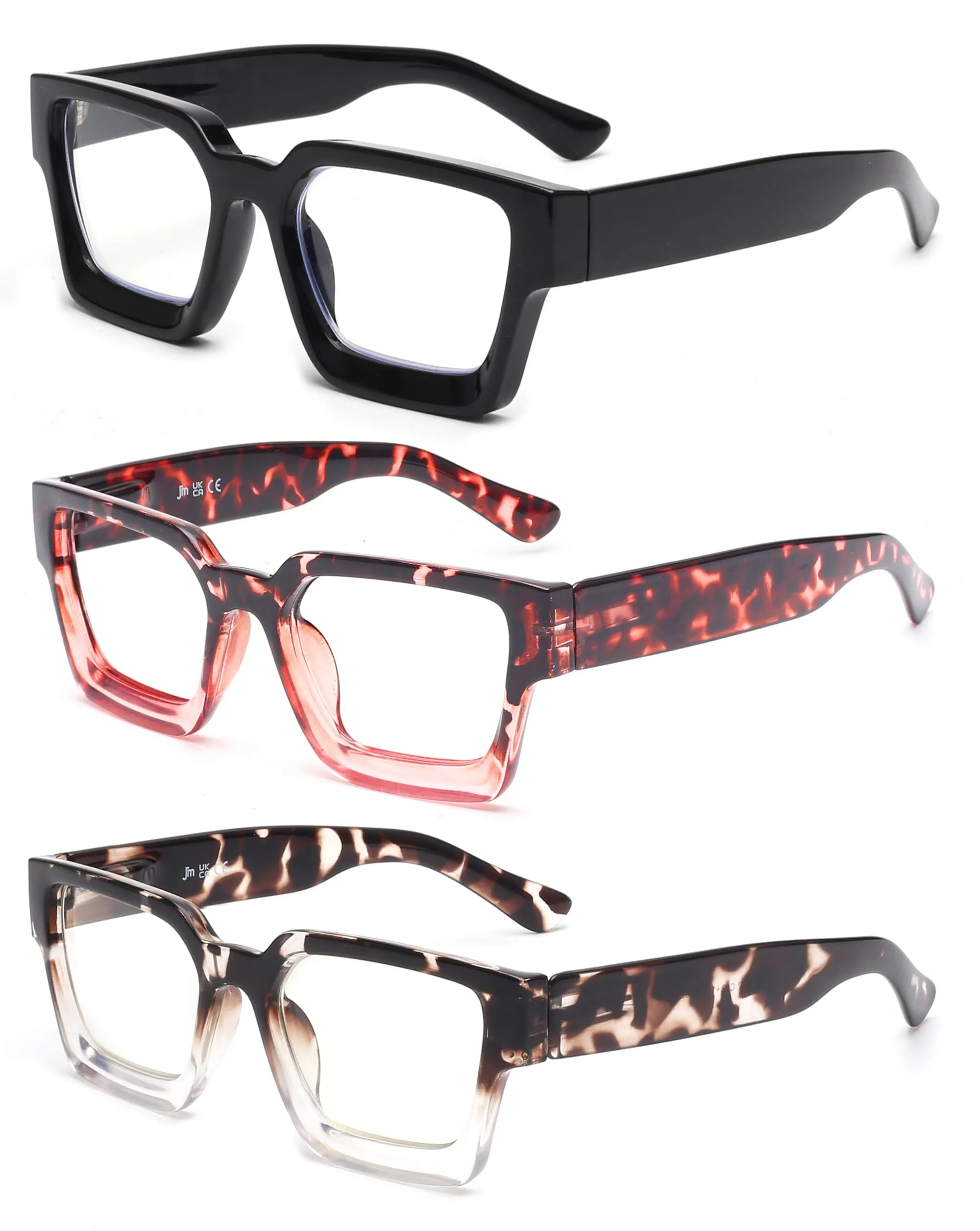 JM 3 Pack Occhiali da Lettura Quadrati Anti Luce Blu +0.0