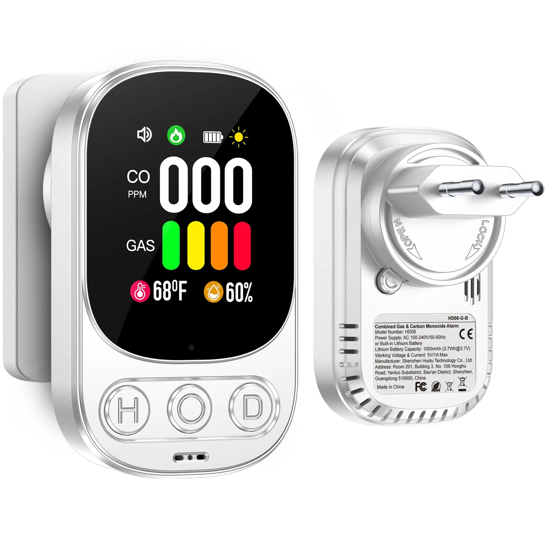 Gedsffati Rilevatore di Gas e Monossido di Carbonio con Spina per Casa, Allarme di CO, Rivelatore di Gas Combustibile per Gas Naturale LPG Metano Propano Butano, Bianco, HD08-G