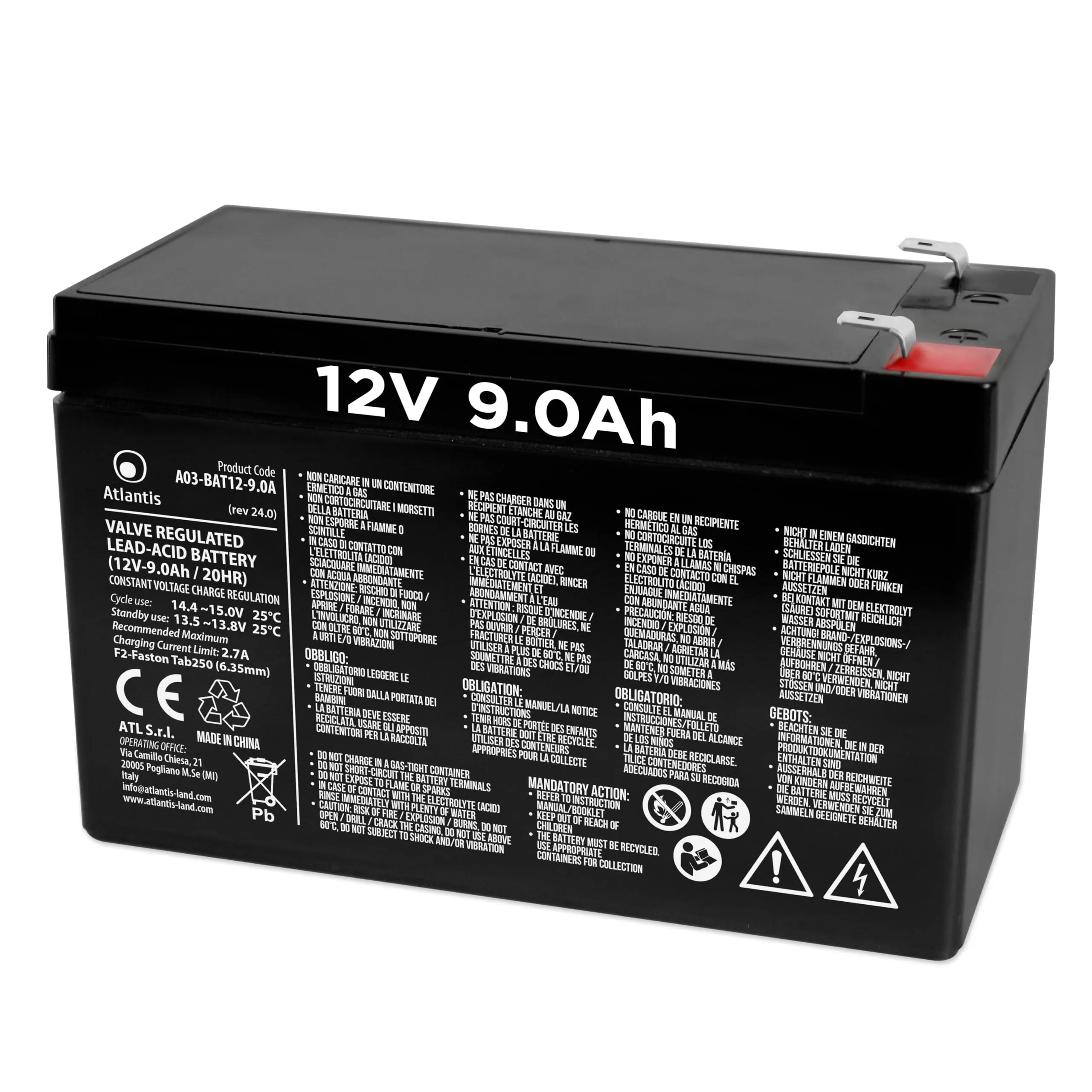Batteria al Piombo Atlantis 12V 9Ah VRLA per UPS, Videosorveglianza e Allarmi