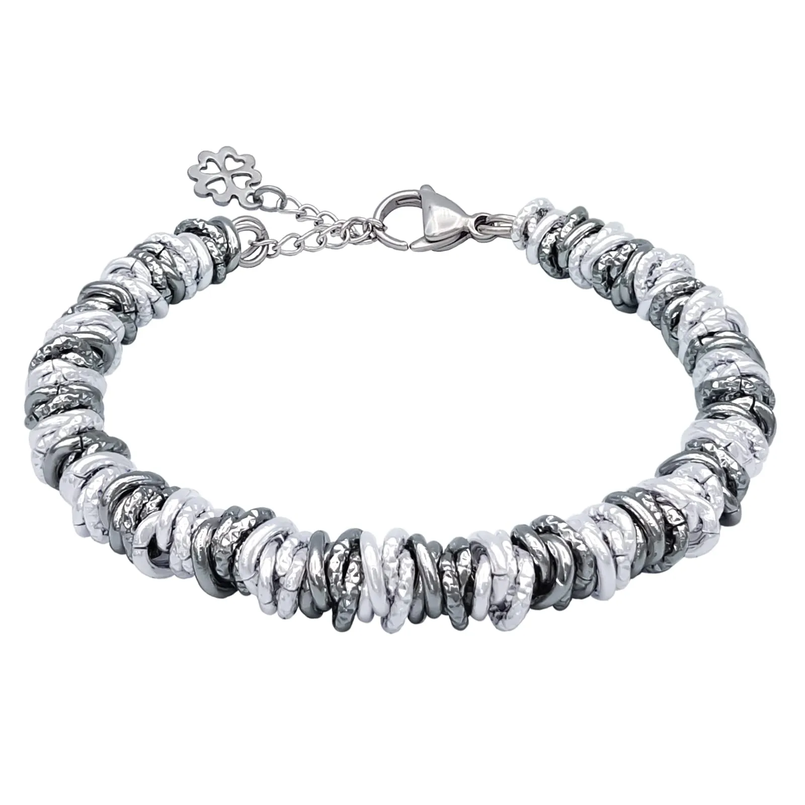 ParticolarModa Bracciale Donna Quadrifoglio Portafortuna Argentato/Fumè