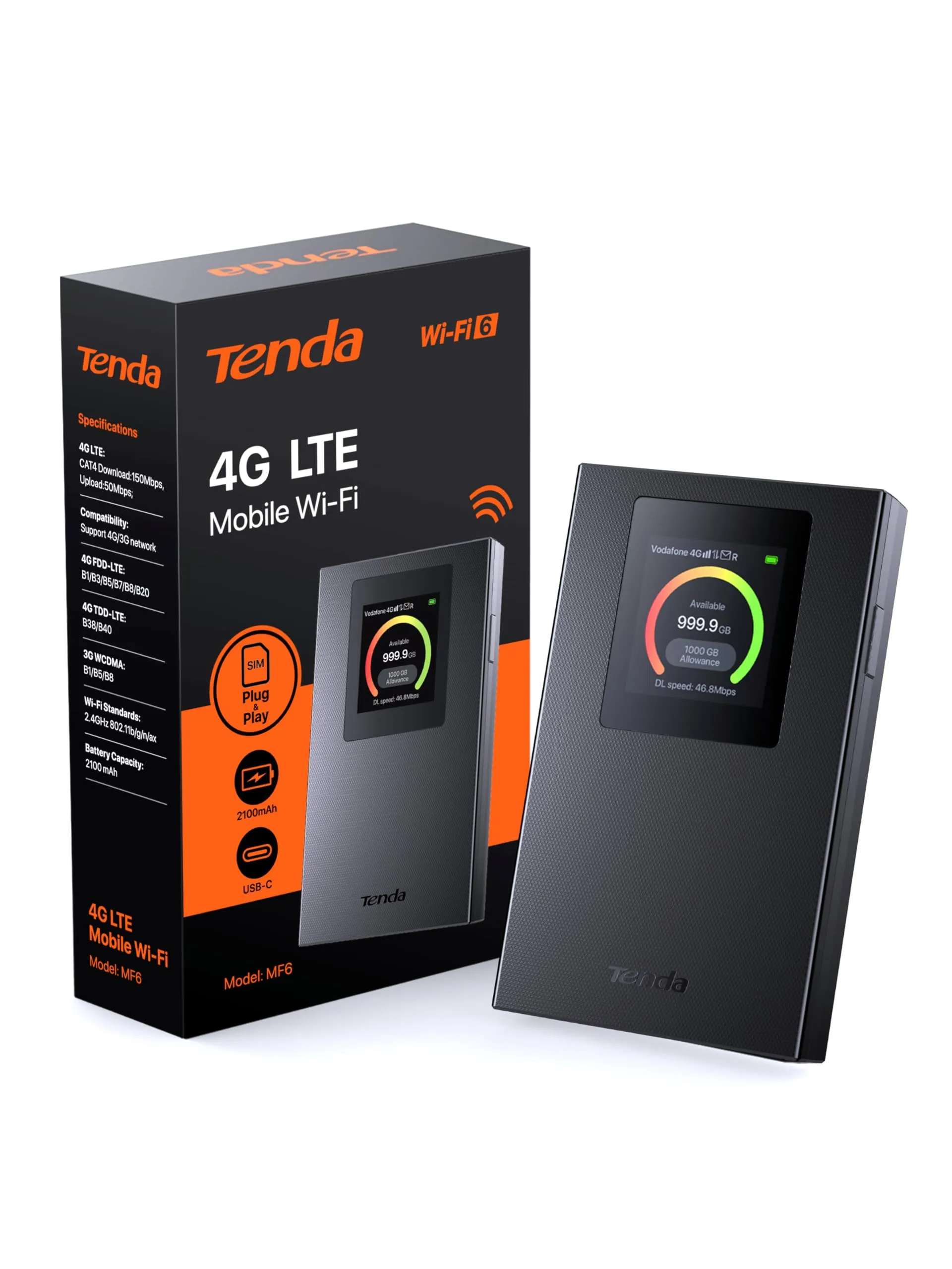 Tenda MF6 Saponetta WiFi 4G LTE Cat4, Router WiFi 6 AX300, Portatile con SIM, Schermo LCD, Batteria 2100mAh