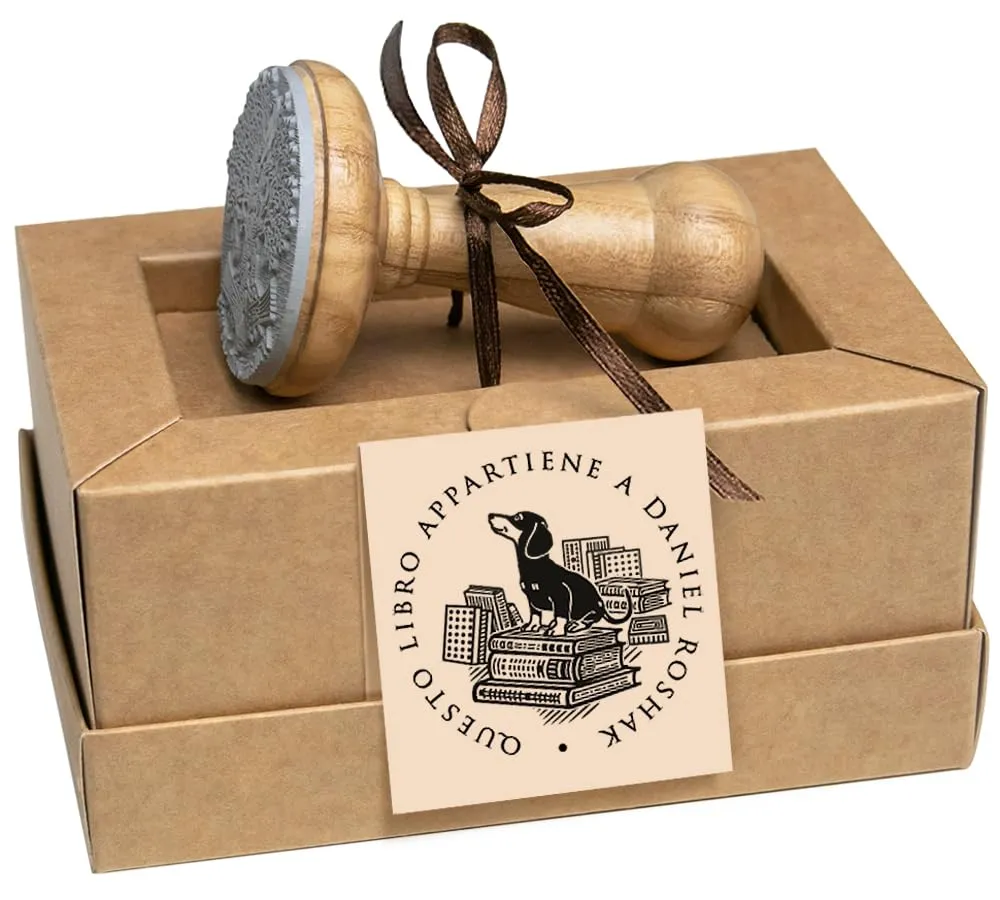 Ex Libris Personalizzabile Cane Bassotto Cuccioli e Pila di Libri - Timbro Questo Libro Appartiene a