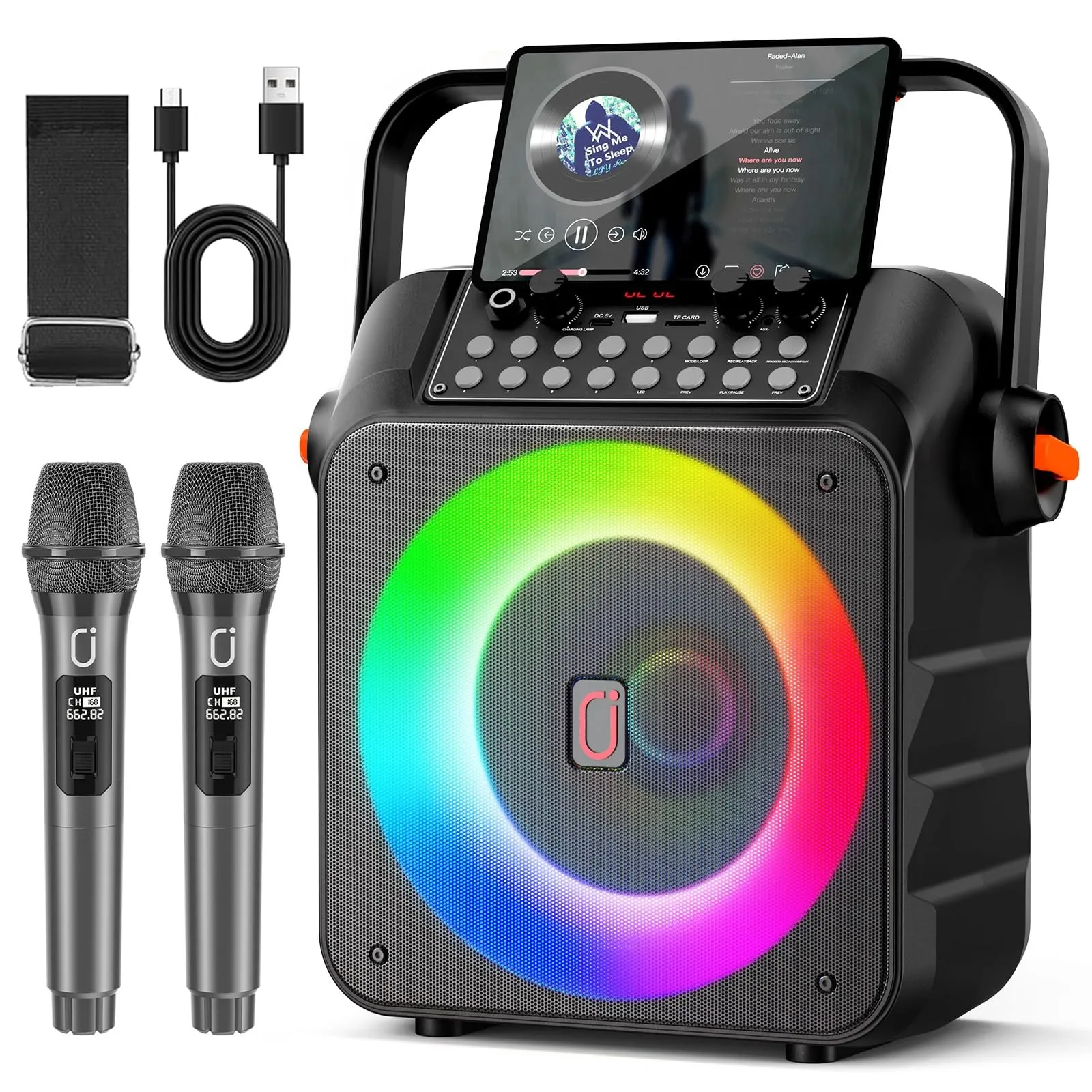 HWWR Karaoke con 2 Microfoni, Cassa Karaoke Professionale Portatile Cassa Bluetooth con LED Luci, Altoparlante Amplificato Portatile Impianto Karaoke, Supporto REC/USB/TF/AUX