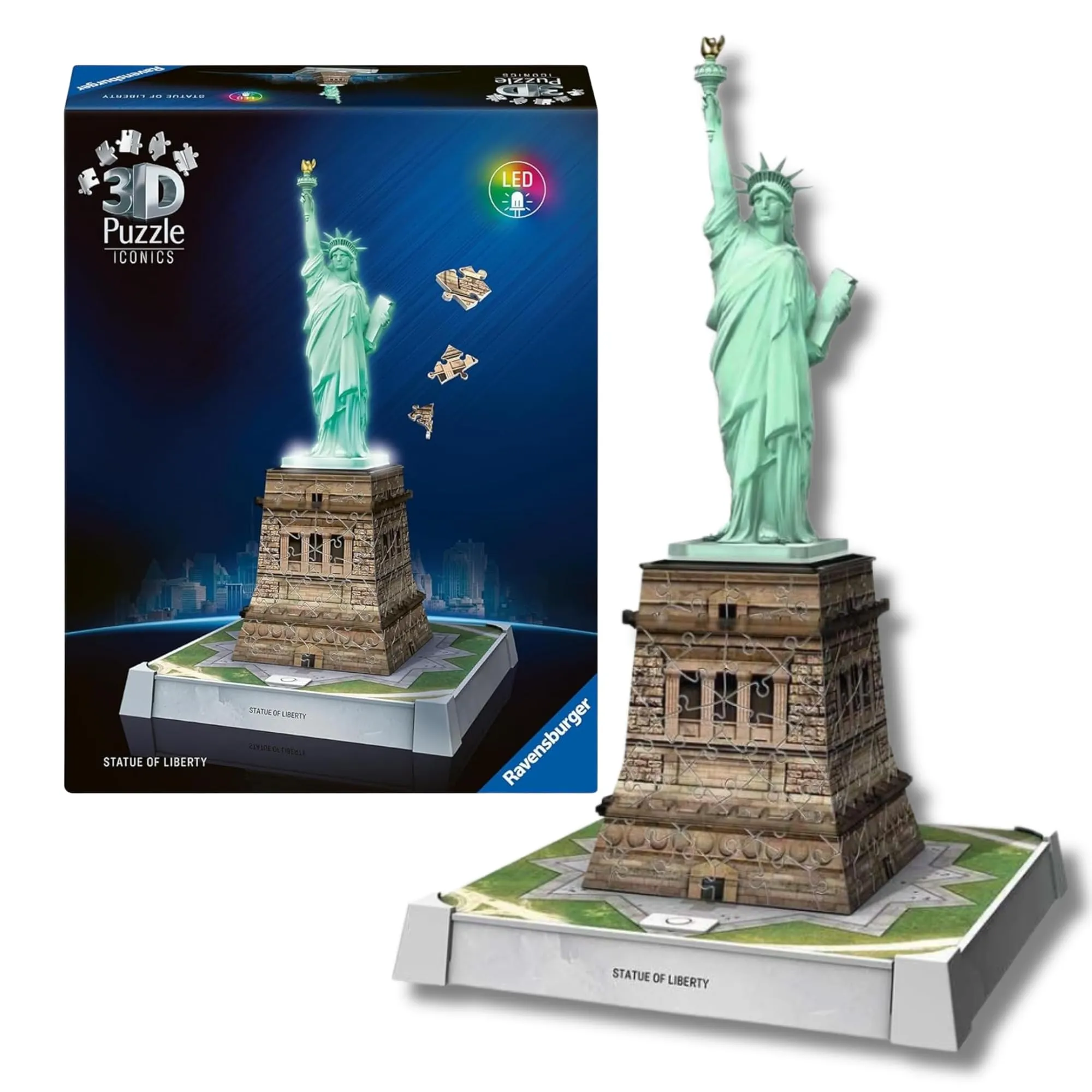 Ravensburger - Puzzle 3D Iconics Statua della Libertà LED