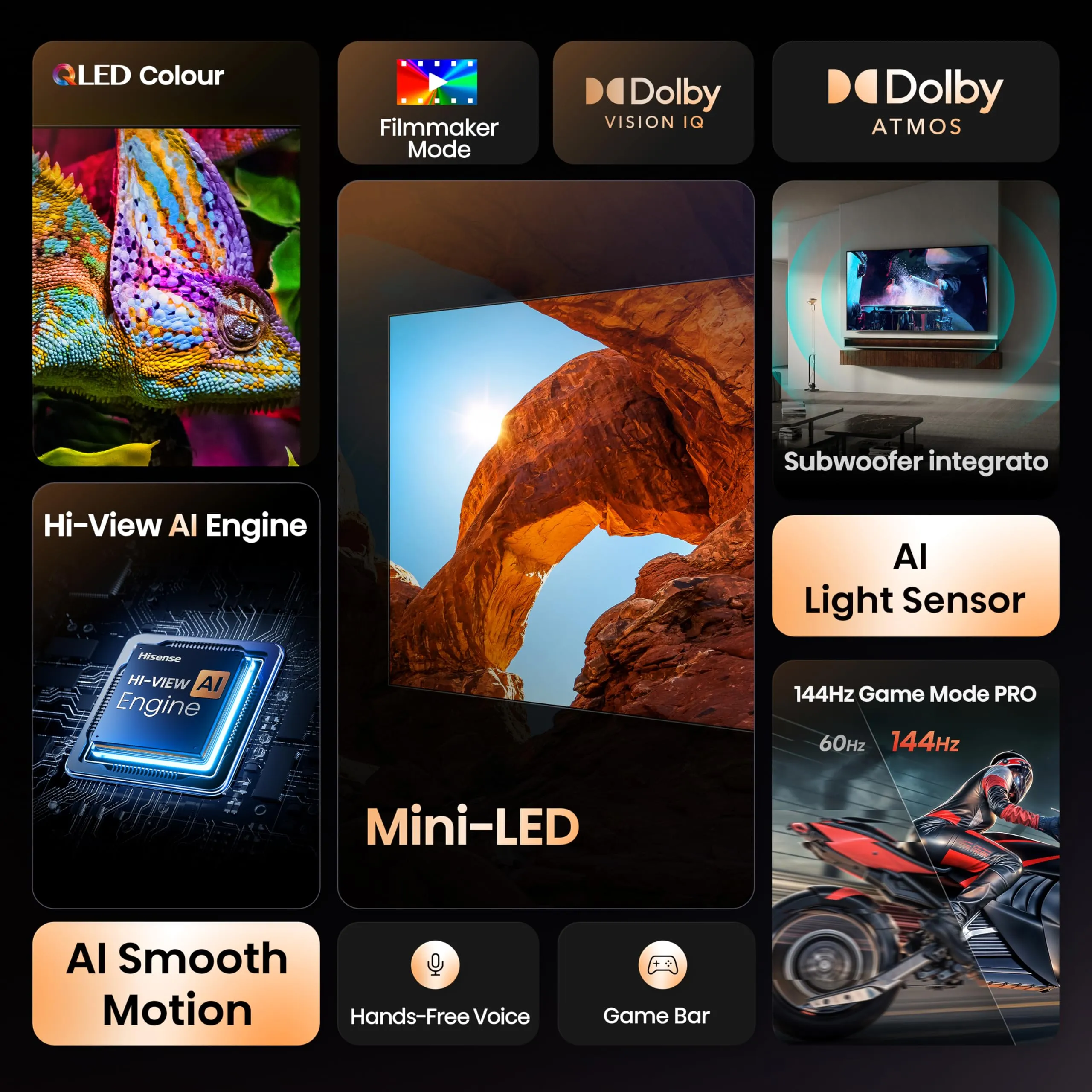 Hisense 65E8Q TV 65'' Mini-LED 4K 144Hz – Smart TV Con Dolby Vision IQ, HDR10+ E Audio 2.1 Con Subwoofer, Game Mode PRO