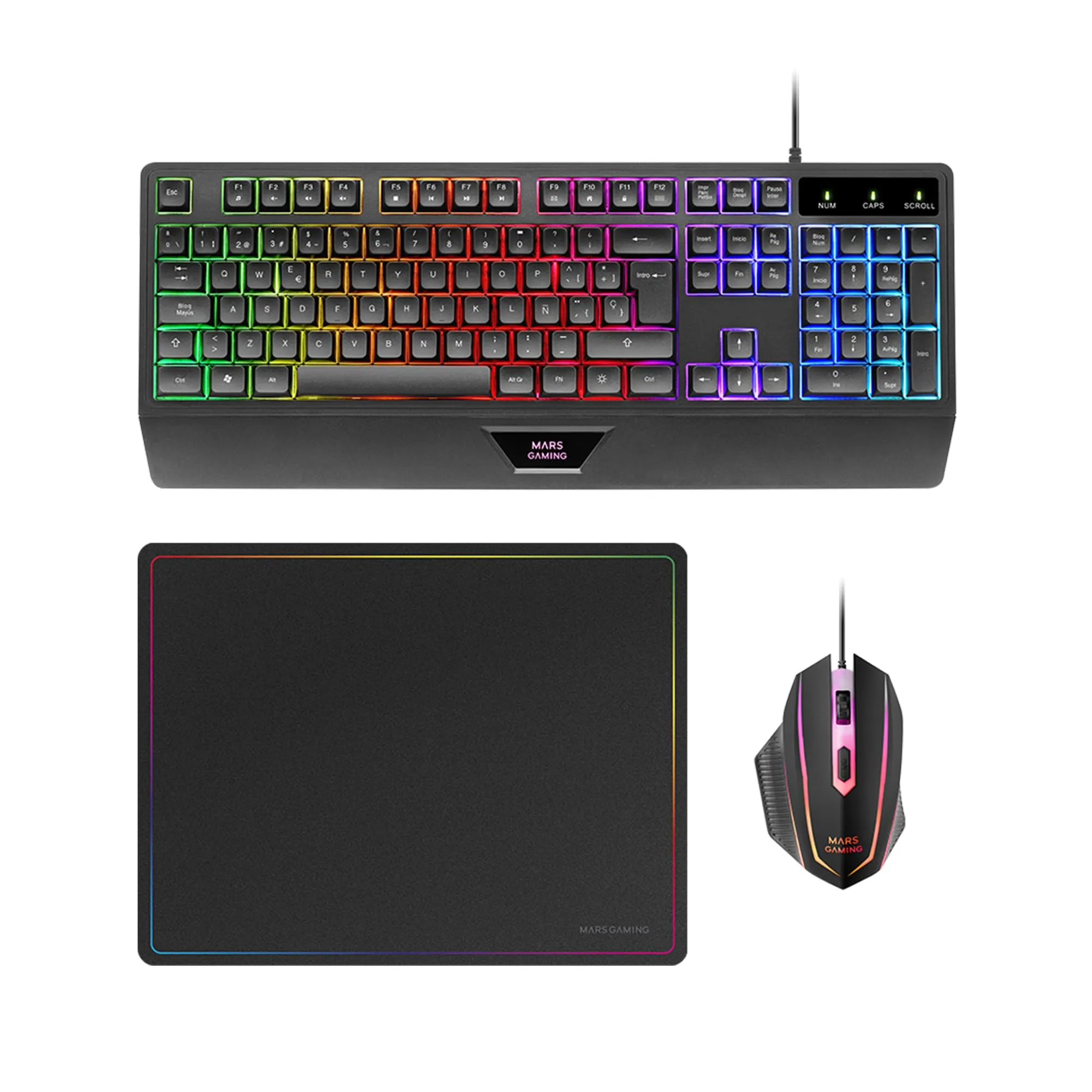 Mars Gaming MCP124 - Combo Gaming 3 in 1: Tastiera H-MECH RGB, Mouse 3200 DPI e Tappetino Nanotecnologico