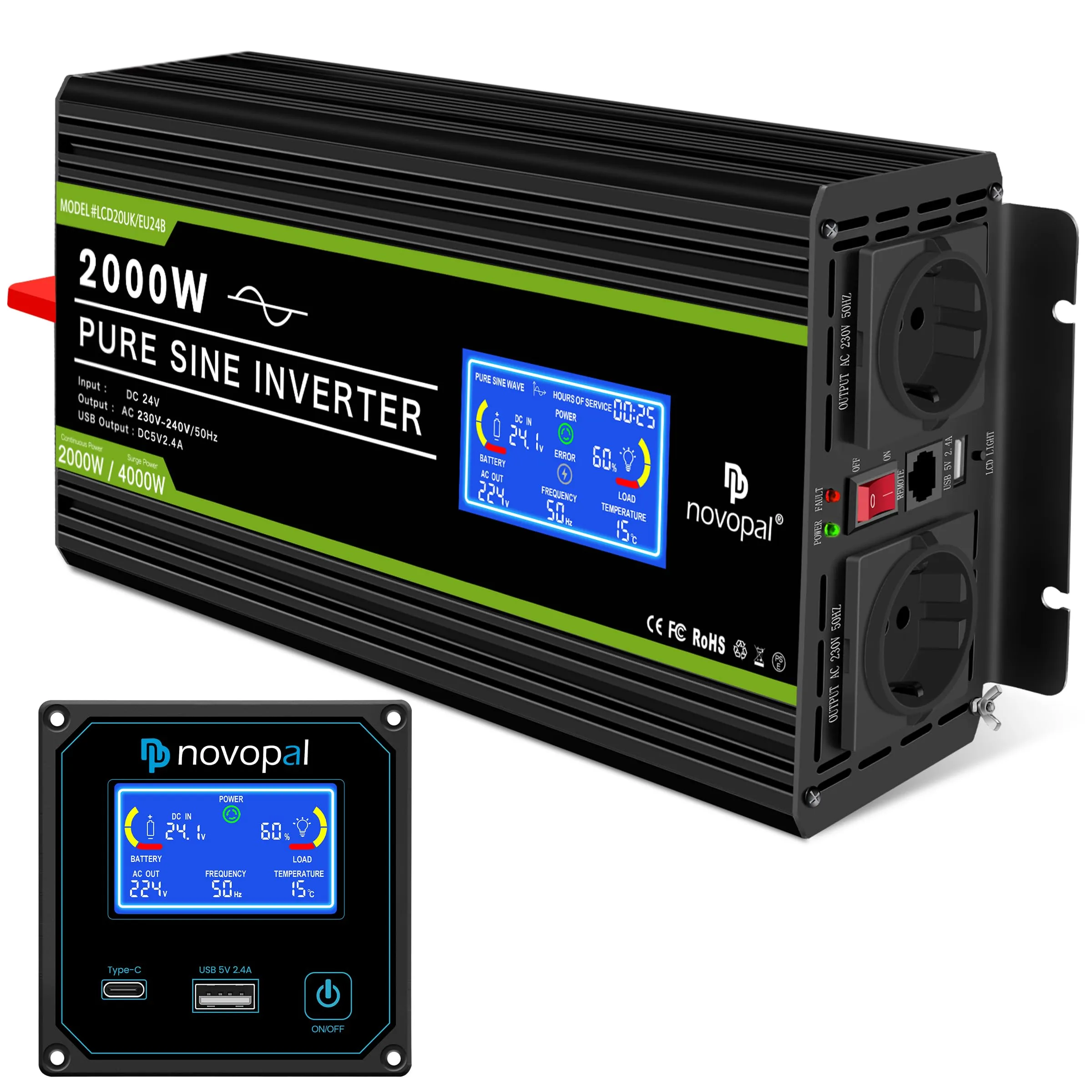 Inverter di Potenza a Onda Sinusoidale Pura NOVOPAL 2000W DC 24V a AC 220V con LCD e Telecomando