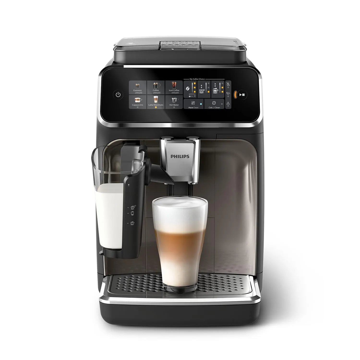 PHILIPS Serie 3300 Macchina da caffè automatica - 6 tipi di bevande, Display touch screen a colori, LatteGo, SilentBrew, Macinacaffè in ceramica al 100%, Filtro AquaClean. Cromato nero (EP3347/90)