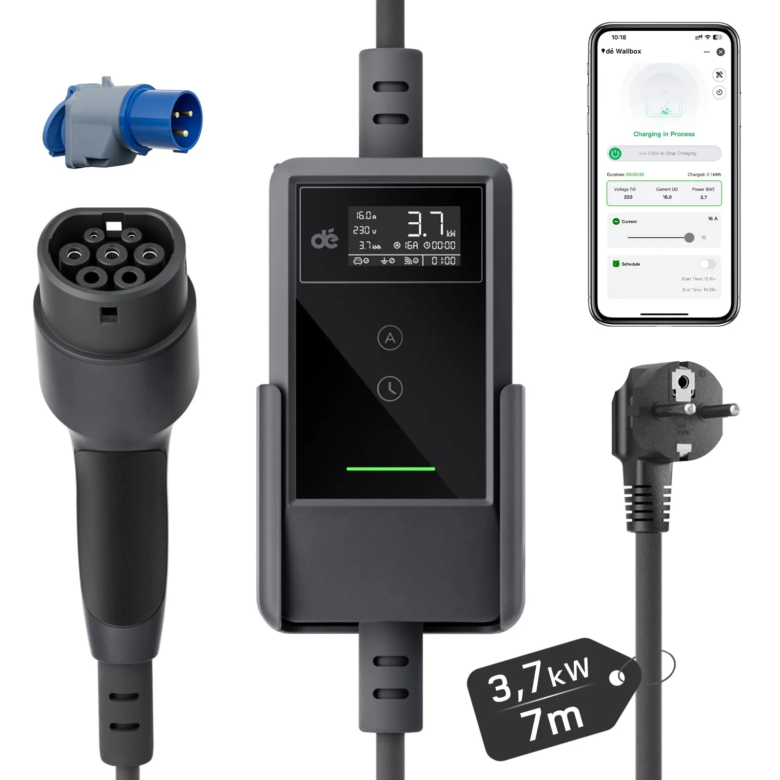 dé Cavo Ricarica Auto Elettrica Tipo 2 Schuko 3,7kW