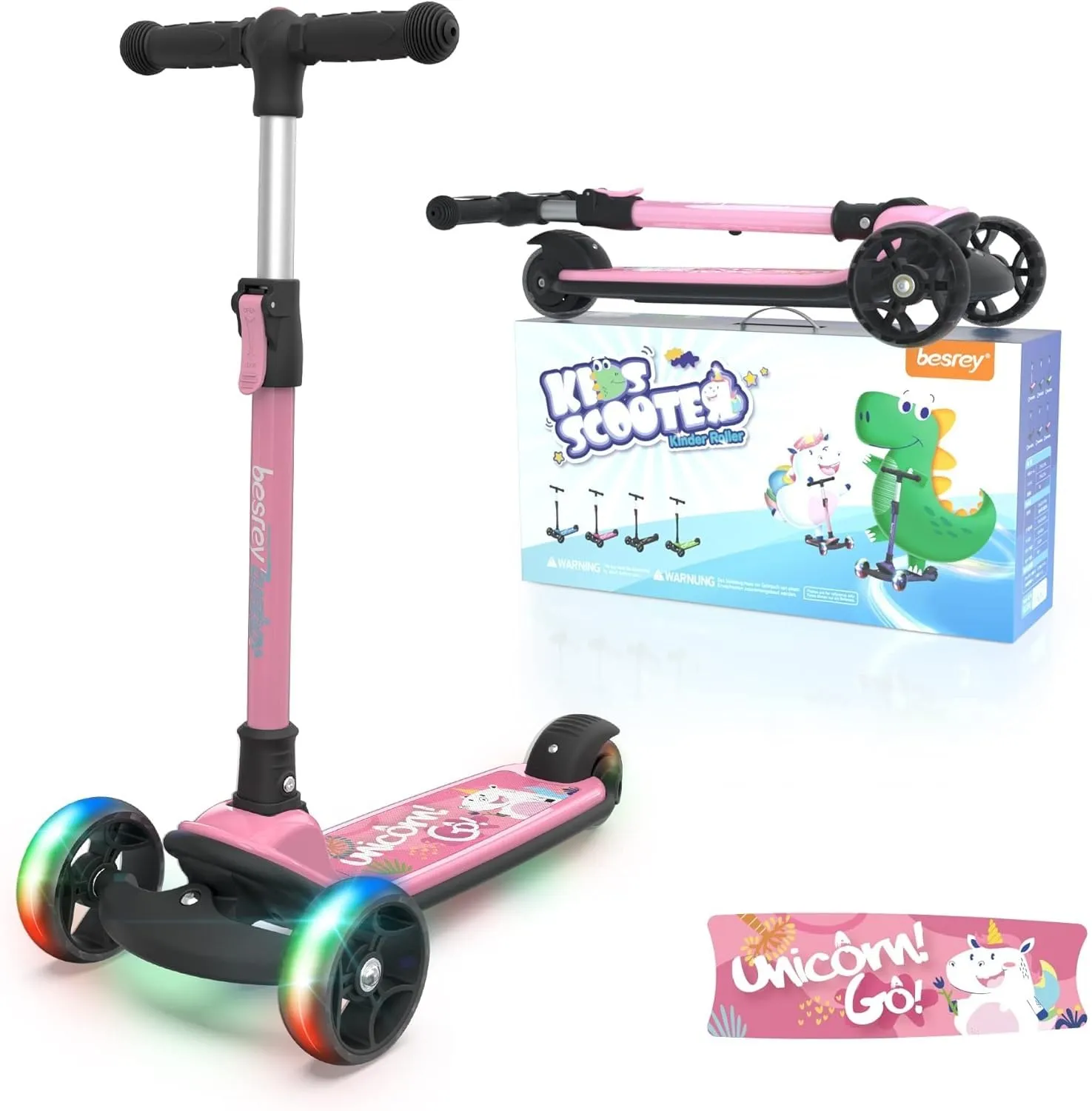 Monopattino Bambina Besrey Unicorno Rosa con Ruote LED