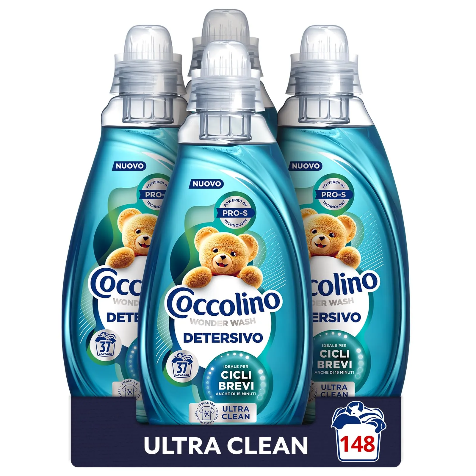 Coccolino Wonder Wash Ultra Clean - Detersivo Lavatrice Liquido, 37 Lavaggi x4
