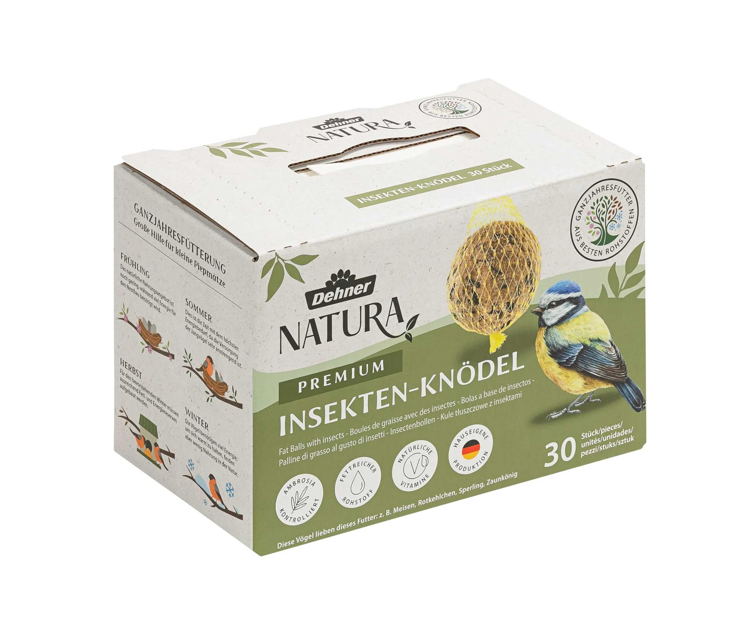 Dehner Natura Premium Mangime per uccelli selvatici - Palline per cinciallegre con insetti, 30 pezzi