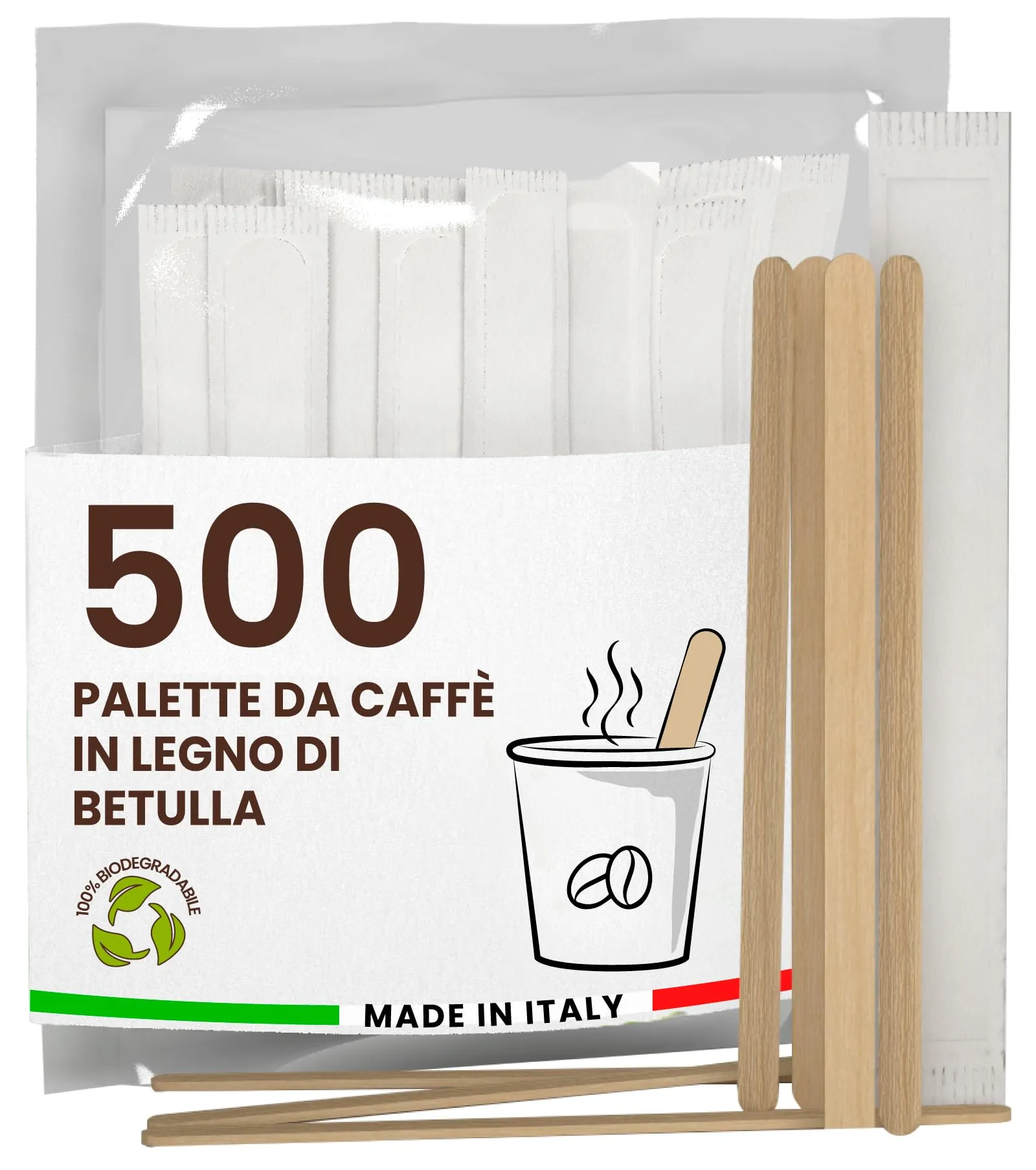 500 Palette Caffè Monouso in Legno di Betulla, Imbustate Singolarmente, Biodegradabili e Compostabili, Made in Italy